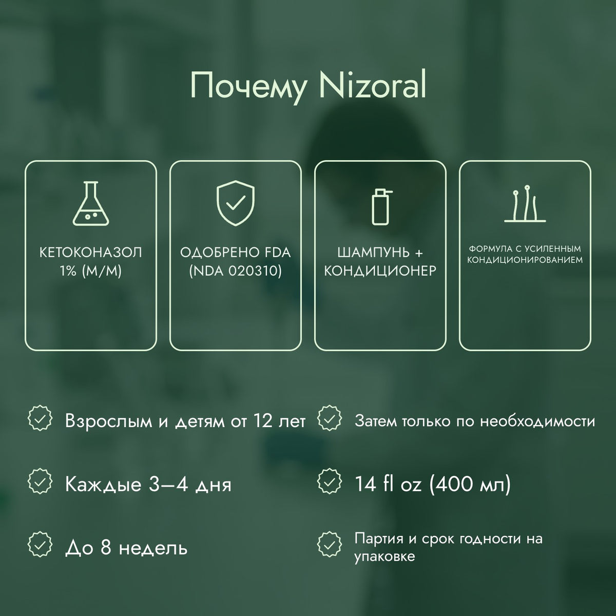 Почему Nizoral: Кетоконазол 1% (м/м), Одобрено FDA (NDA 020310), Шампунь + кондиционер, Формула с усиленным кондиционированием
