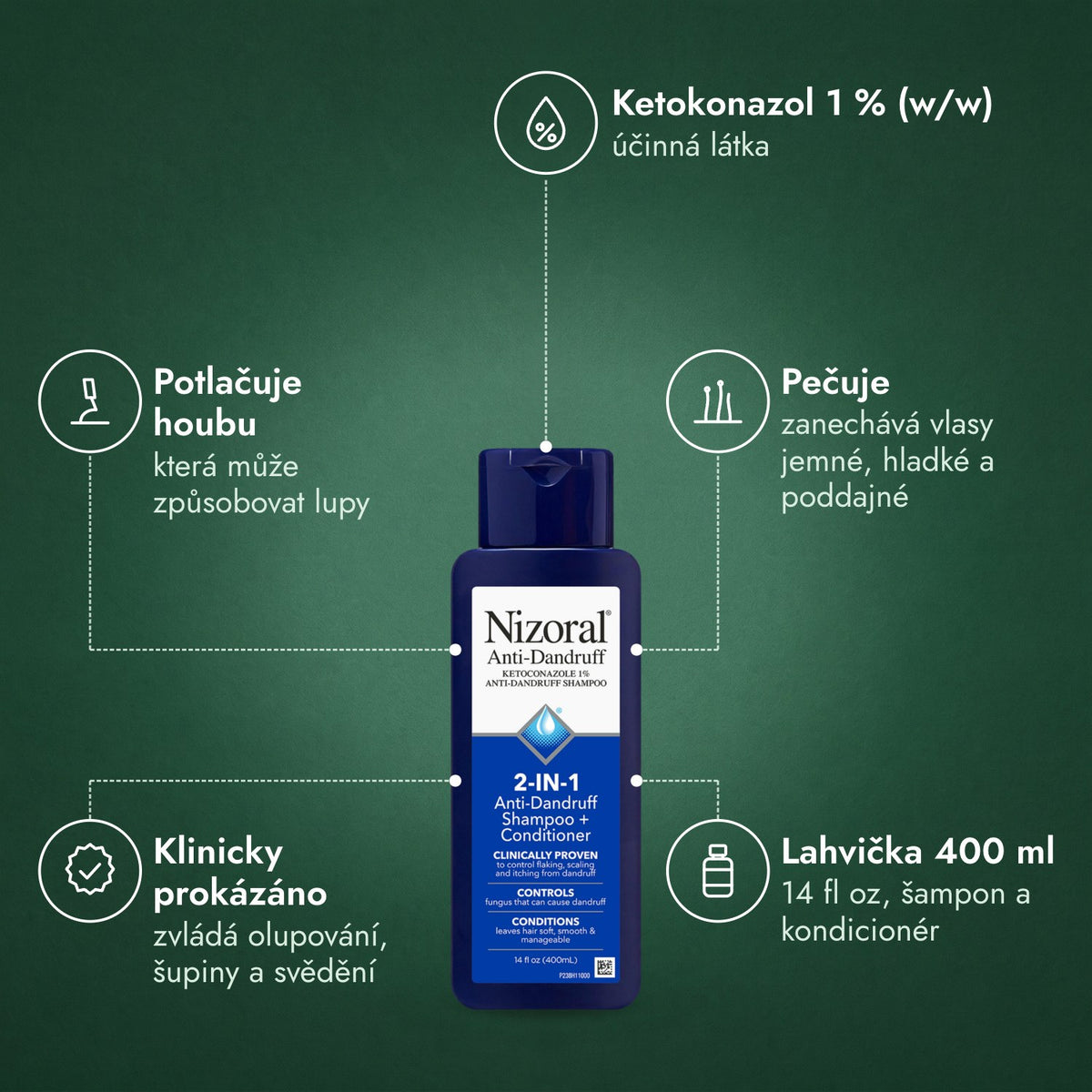 Nizoral 2 v 1 šampon proti lupům + kondicionér: Ketokonazol 1 % (w/w), Potlačuje houbu, Pečuje, Klinicky prokázáno, Lahvička 400 ml