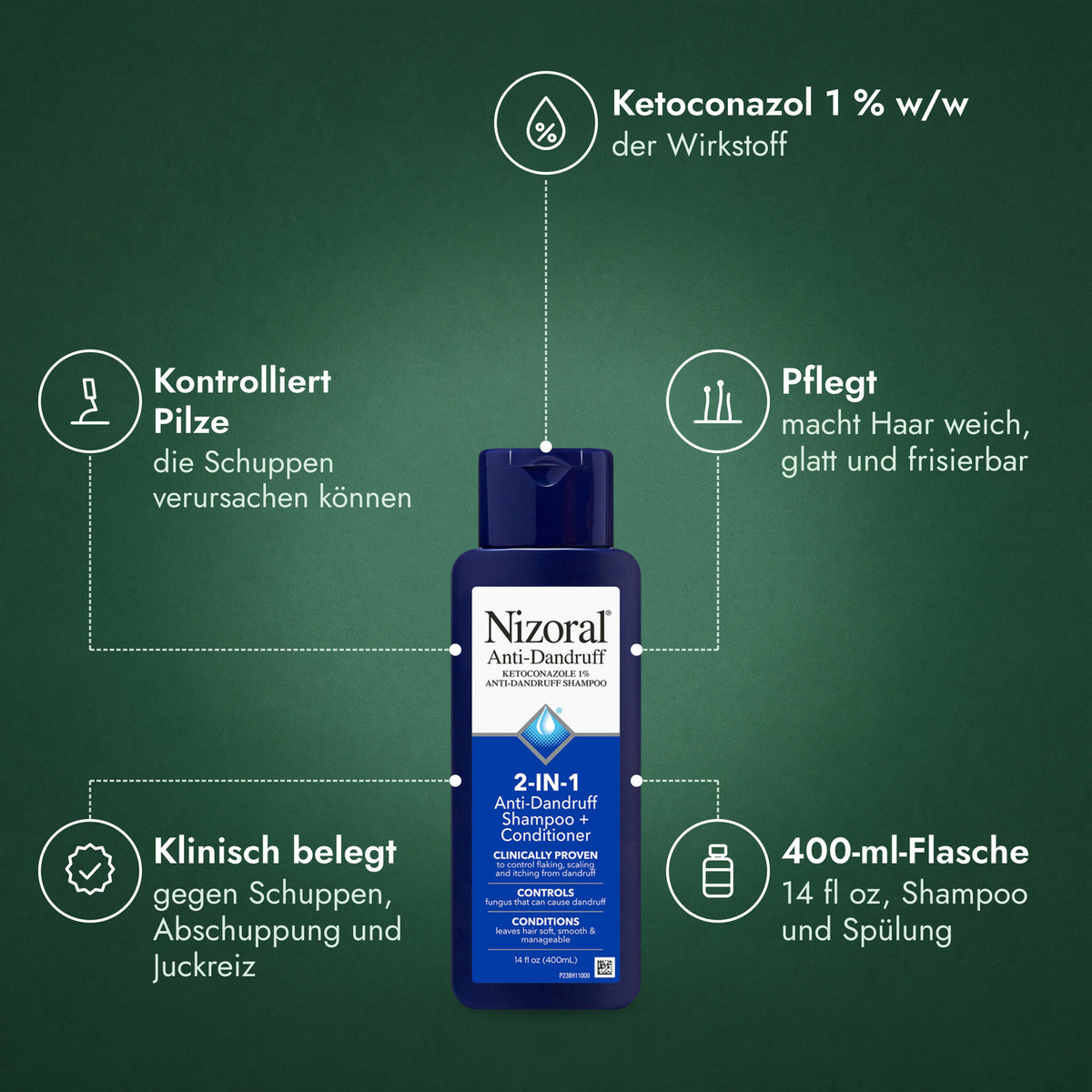 Nizoral 2-in-1 Anti-Schuppen-Shampoo + Spülung: Ketoconazol 1 % w/w, Kontrolliert Pilze, Pflegt, Klinisch belegt, 400-ml-Flasche
