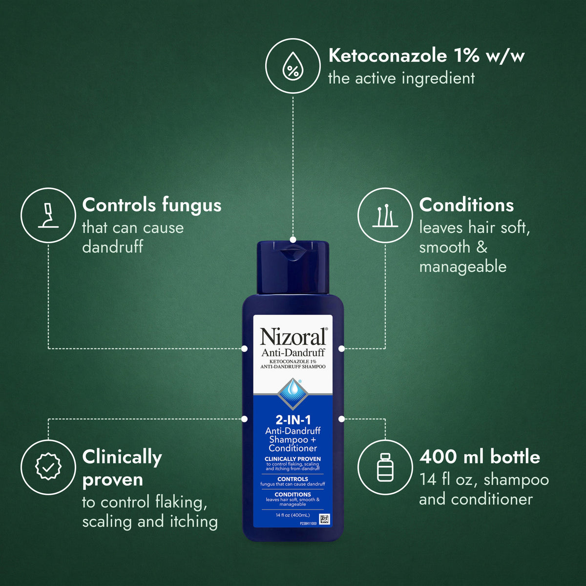 Nizoral 2-in-1 Anti-Dandruff Shampoo + Conditioner: Ketoconazole 1% w/w, Controls fungus, Conditions, Clinically proven, 400 ml bottle