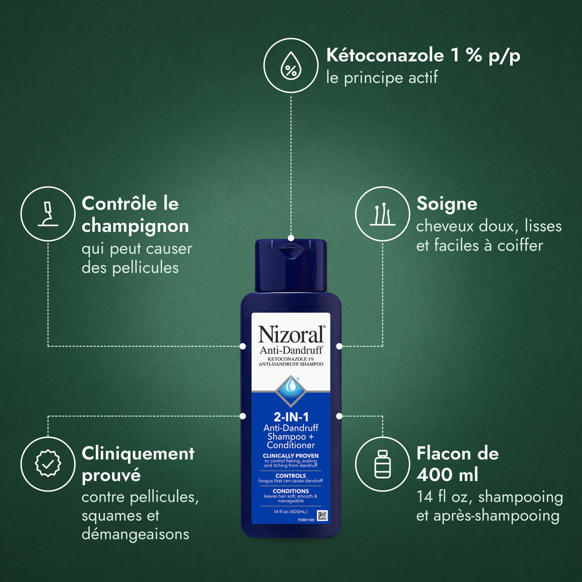 Nizoral 2 en 1 shampooing antipelliculaire + après-shampooing: Kétoconazole 1 % p/p, Contrôle le champignon, Soigne, Cliniquement prouvé, Flacon de 400 ml