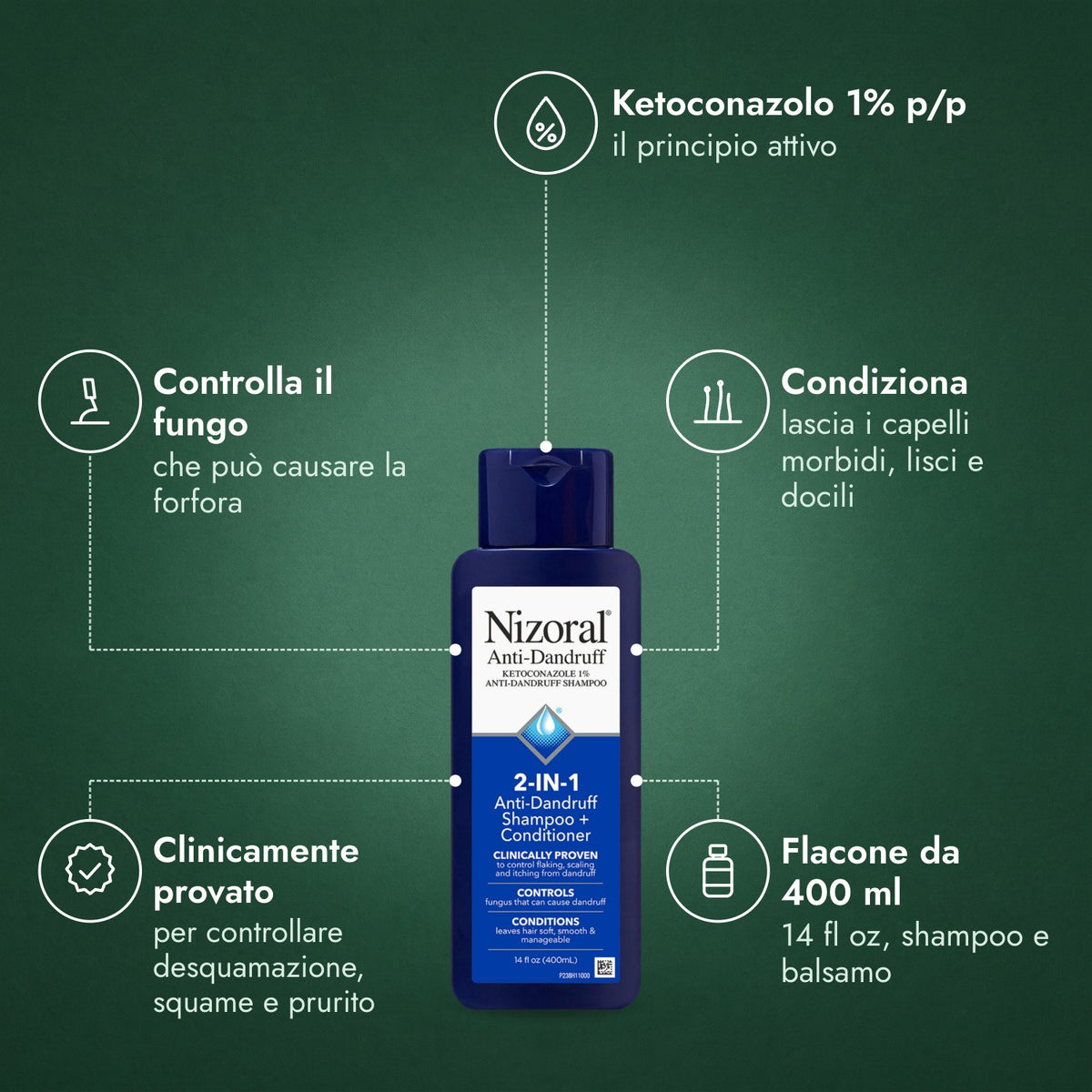 Nizoral 2 in 1 Shampoo Antiforfora + Balsamo: Ketoconazolo 1% p/p, Controlla il fungo, Condiziona, Clinicamente provato, Flacone da 400 ml