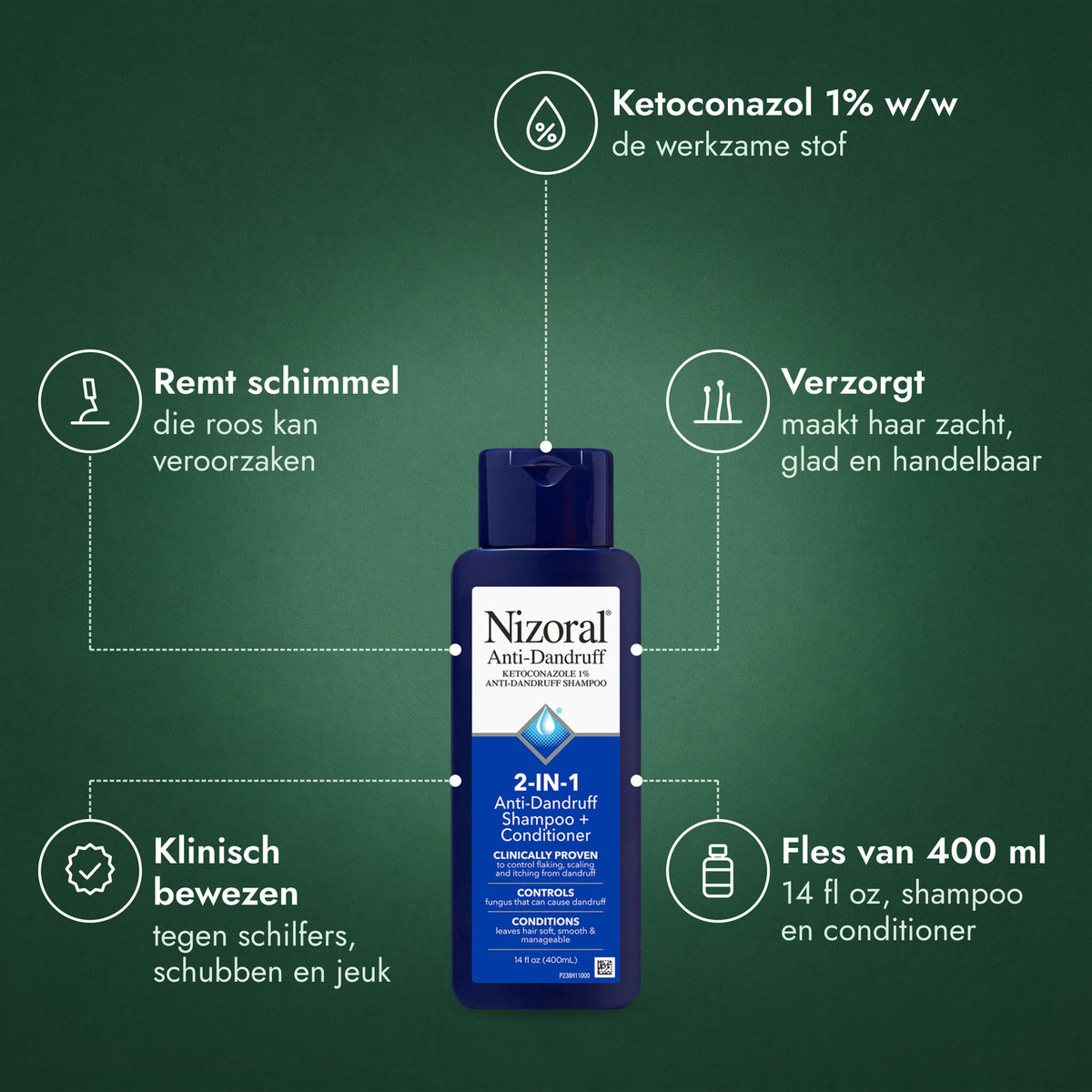 Nizoral 2-in-1 anti-roosshampoo + conditioner: Ketoconazol 1% w/w, Remt schimmel, Verzorgt, Klinisch bewezen, Fles van 400 ml
