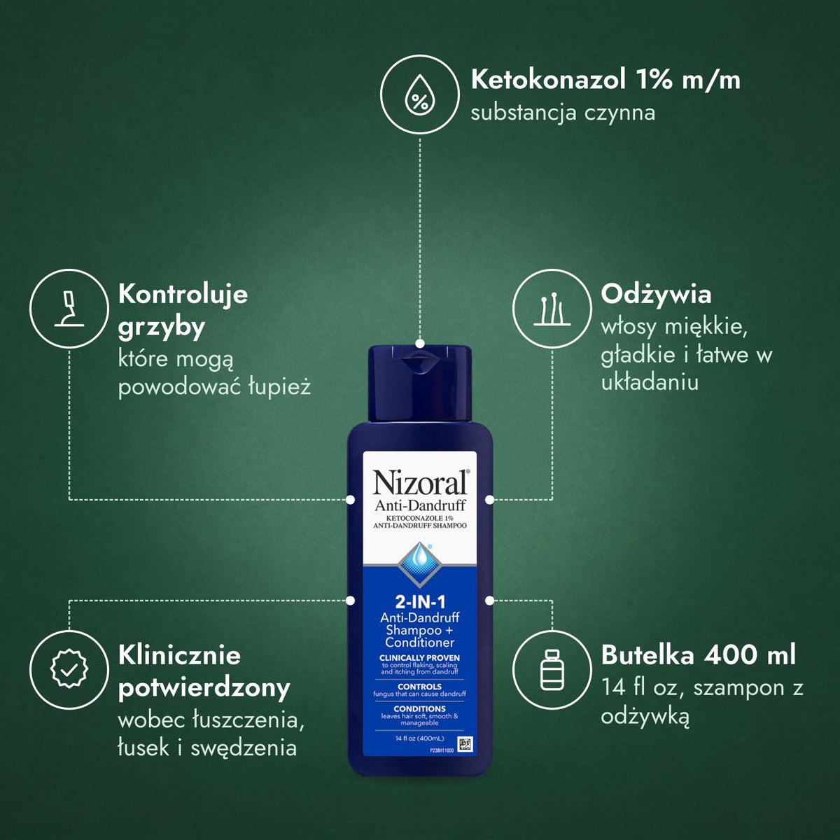 Nizoral 2 w 1 szampon przeciwłupieżowy z odżywką: Ketokonazol 1% m/m, Kontroluje grzyby, Odżywia, Klinicznie potwierdzony, Butelka 400 ml