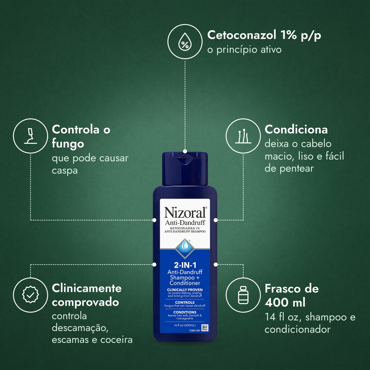 Nizoral 2 em 1 Shampoo Anticaspa + Condicionador: Cetoconazol 1% p/p, Controla o fungo, Condiciona, Clinicamente comprovado, Frasco de 400 ml