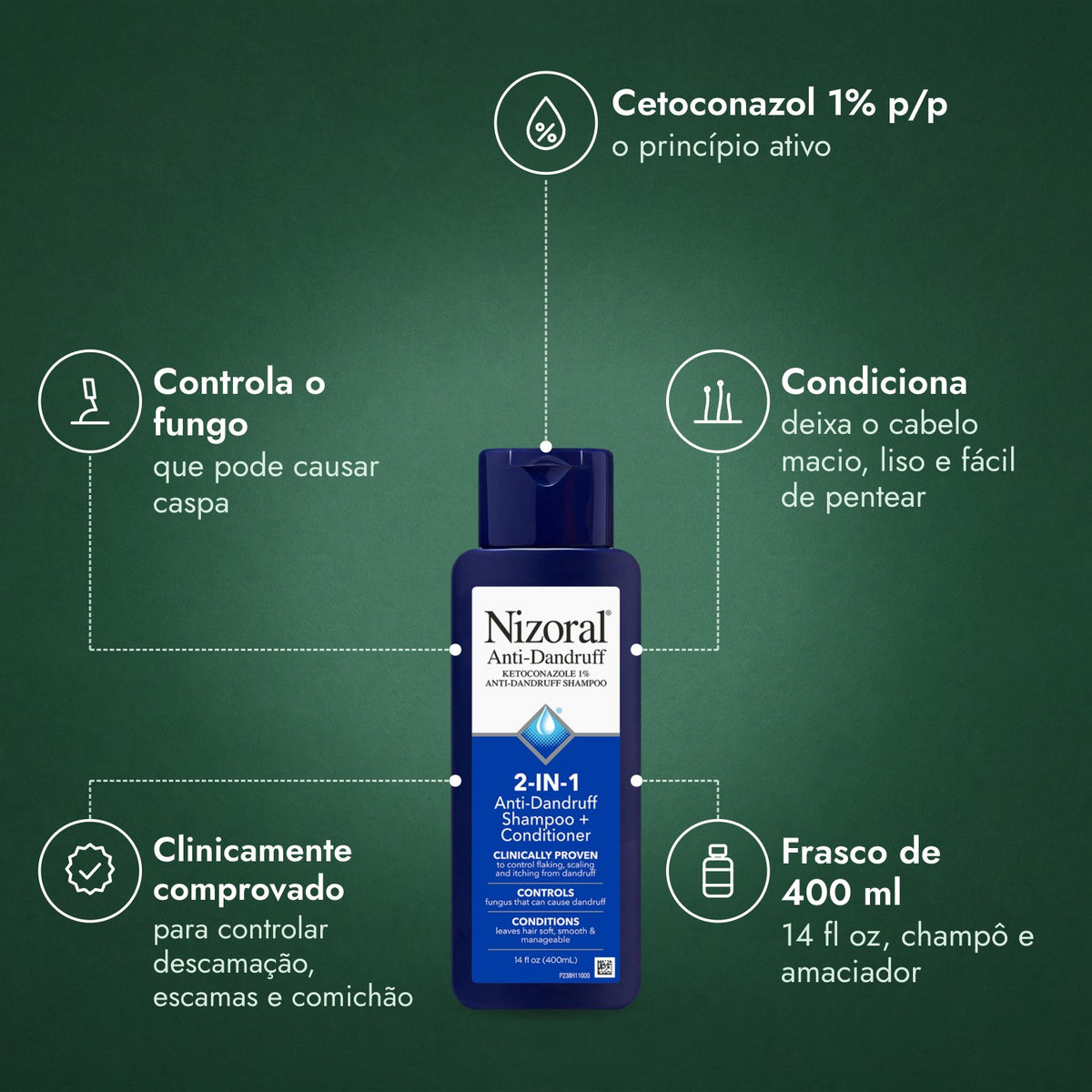 Nizoral Champô e Amaciador Anticaspa 2 em 1: Cetoconazol 1% p/p, Controla o fungo, Condiciona, Clinicamente comprovado, Frasco de 400 ml
