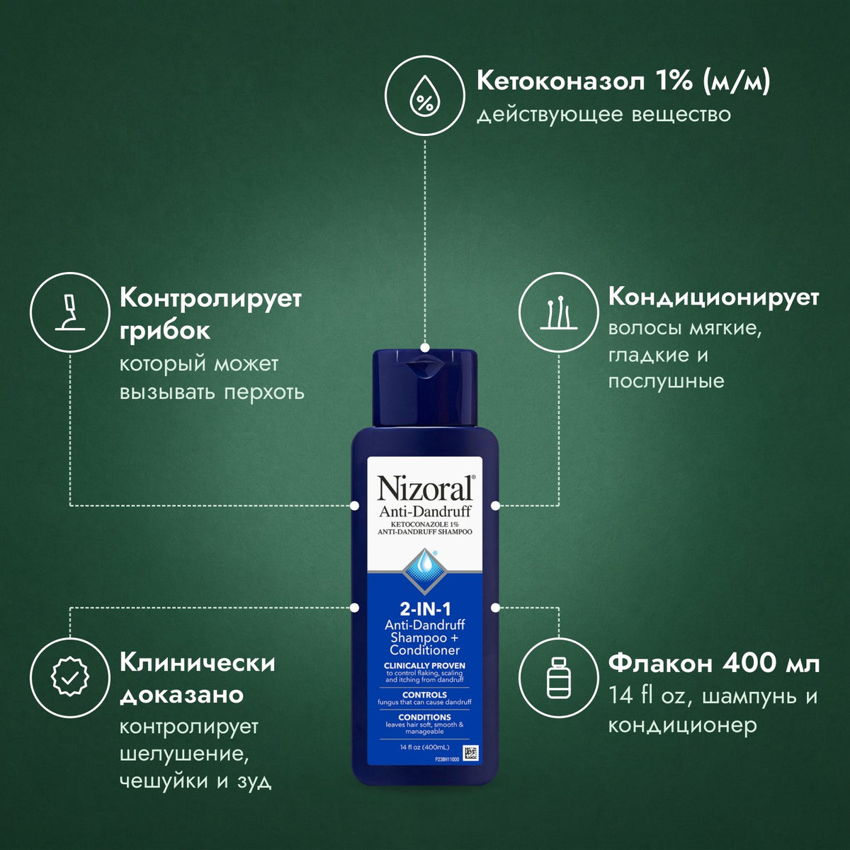 Nizoral 2 в 1: шампунь + кондиционер от перхоти: Кетоконазол 1% (м/м), Контролирует грибок, Кондиционирует, Клинически доказано, Флакон 400 мл