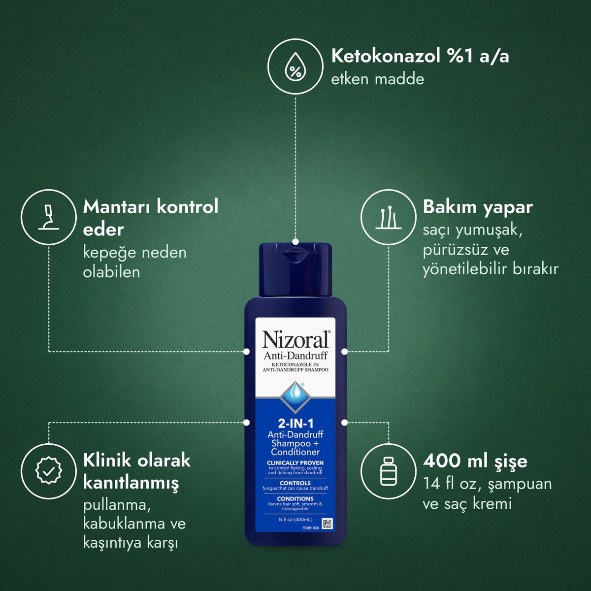 Nizoral 2'si 1 arada kepek şampuanı + saç kremi: Ketokonazol %1 a/a, Mantarı kontrol eder, Bakım yapar, Klinik olarak kanıtlanmış, 400 ml şişe