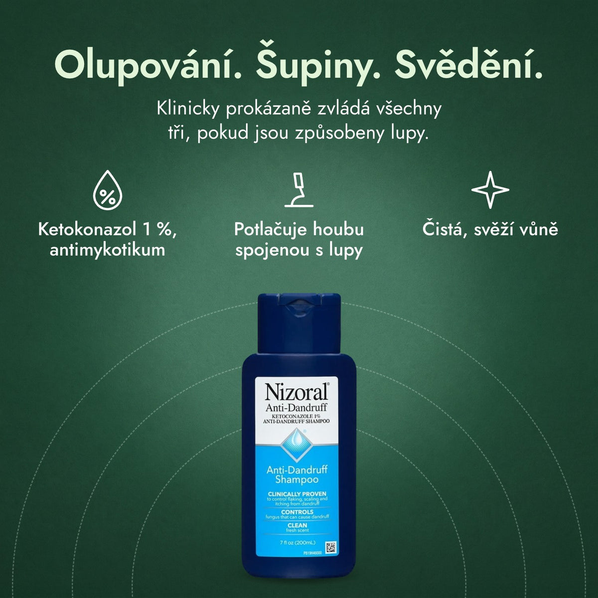 Nizoral šampon proti lupům, ketokonazol 1 %: Olupování. Šupiny. Svědění. Ketokonazol 1 %, antimykotikum, Potlačuje houbu spojenou s lupy, Čistá, svěží vůně