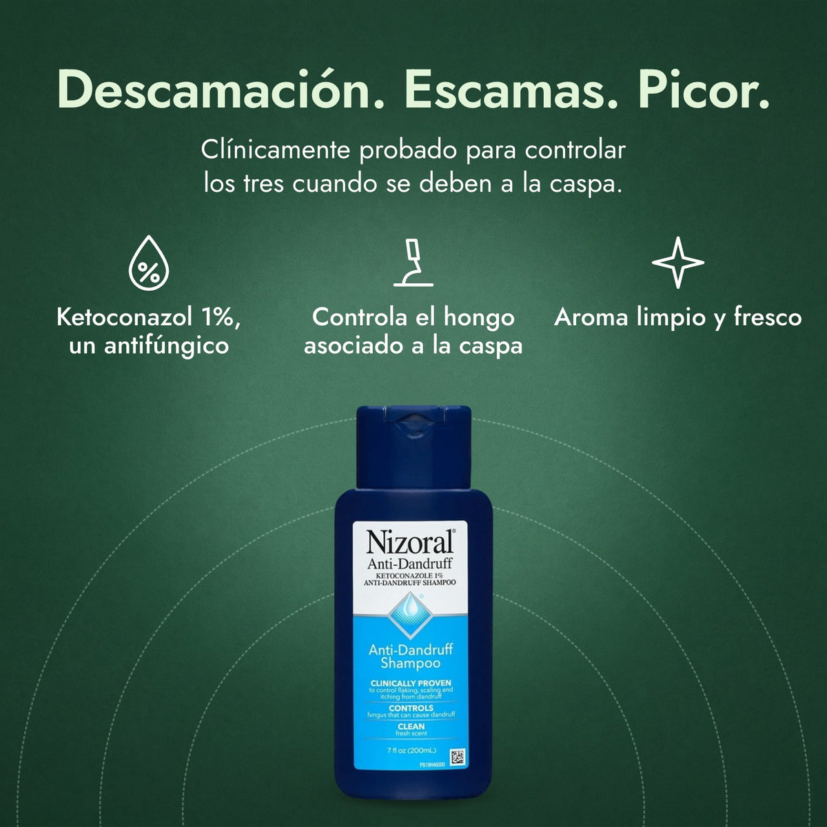 Nizoral Champú Anticaspa, Ketoconazol 1%: Descamación. Escamas. Picor. Ketoconazol 1%, un antifúngico, Controla el hongo asociado a la caspa, Aroma limpio y fresco