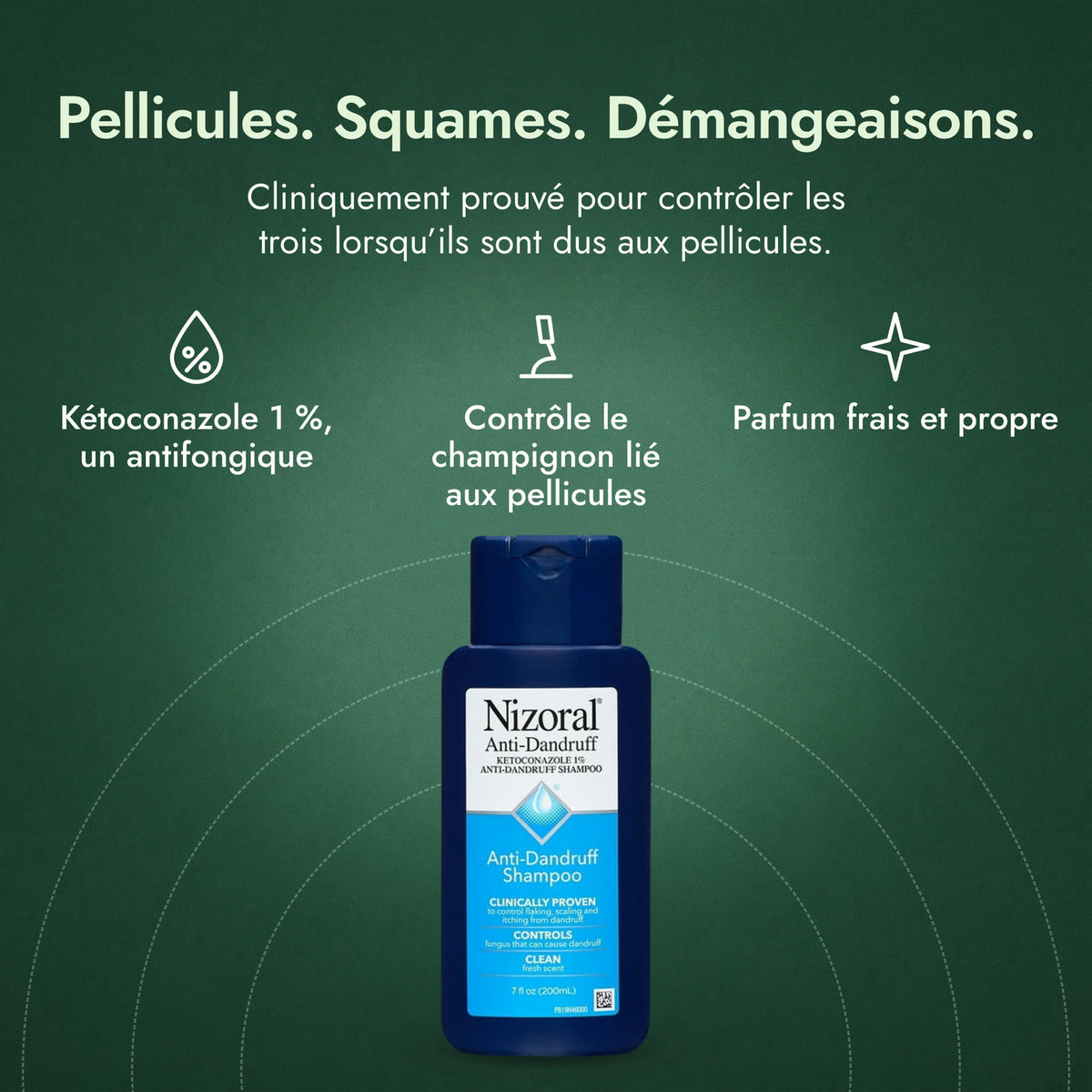 Nizoral shampooing antipelliculaire, kétoconazole 1 %: Pellicules. Squames. Démangeaisons. Kétoconazole 1 %, un antifongique, Contrôle le champignon lié aux pellicules, Parfum frais et propre