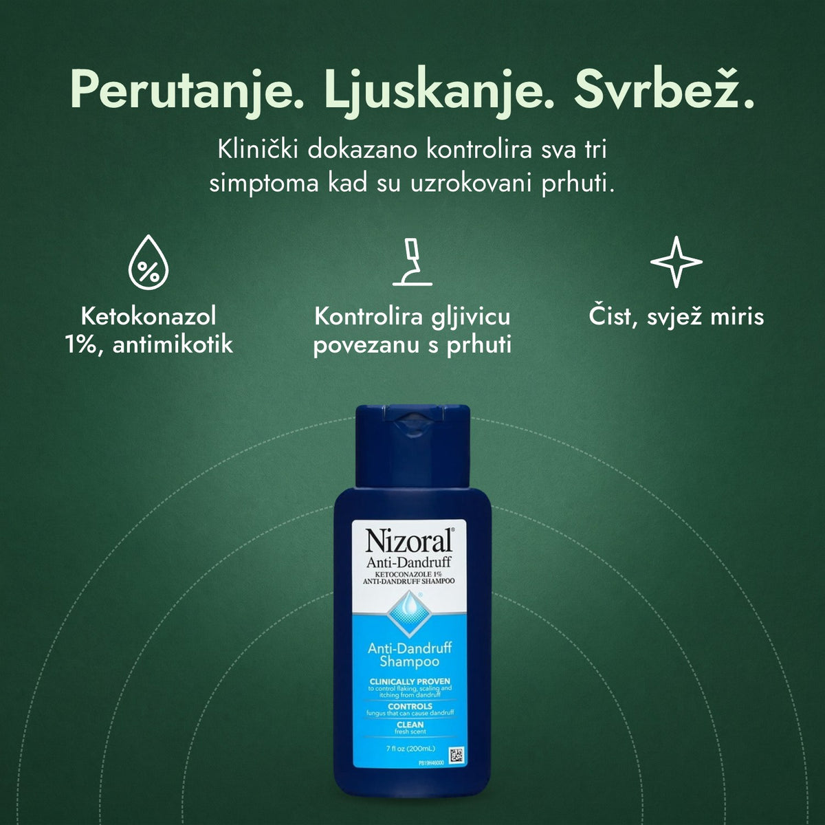Nizoral šampon protiv prhuti, ketokonazol 1%: Perutanje. Ljuskanje. Svrbež. Ketokonazol 1%, antimikotik, Kontrolira gljivicu povezanu s prhuti, Čist, svjež miris