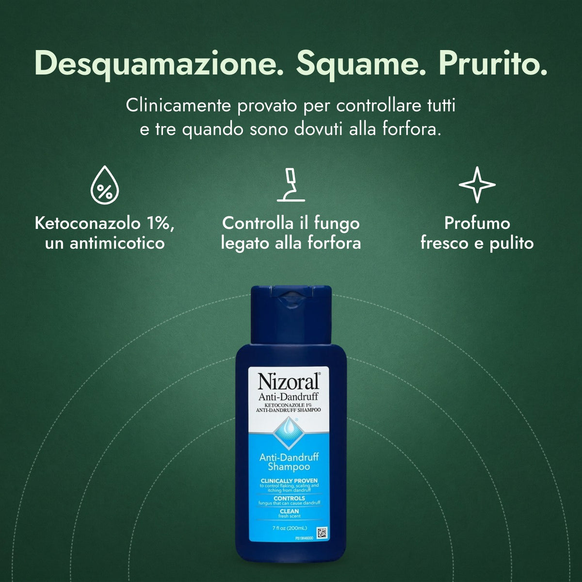 Nizoral Shampoo Antiforfora, Ketoconazolo 1%: Desquamazione. Squame. Prurito. Ketoconazolo 1%, un antimicotico, Controlla il fungo legato alla forfora, Profumo fresco e pulito