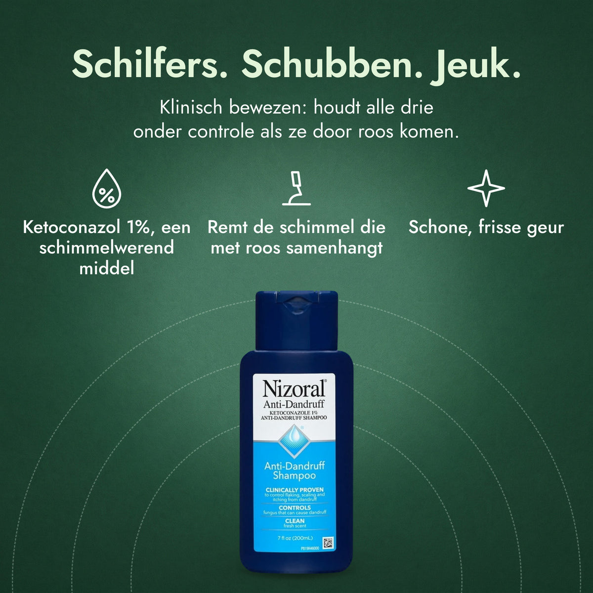 Nizoral anti-roosshampoo, ketoconazol 1%: Schilfers. Schubben. Jeuk. Ketoconazol 1%, een schimmelwerend middel, Remt de schimmel die met roos samenhangt, Schone, frisse geur