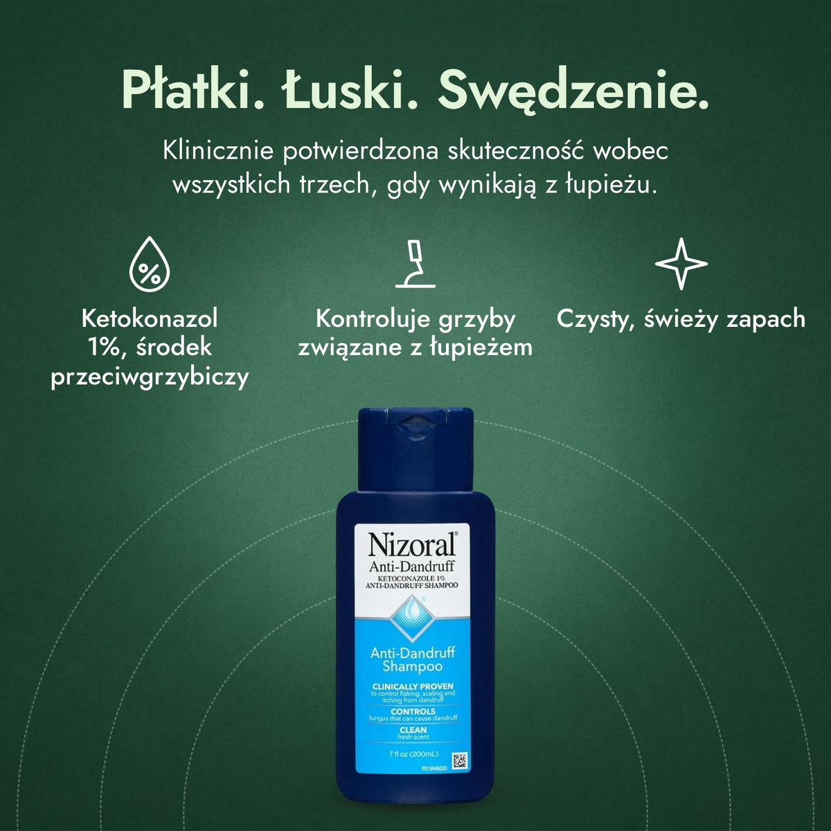 Nizoral szampon przeciwłupieżowy, ketokonazol 1%: Płatki. Łuski. Swędzenie. Ketokonazol 1%, środek przeciwgrzybiczy, Kontroluje grzyby związane z łupieżem, Czysty, świeży zapach
