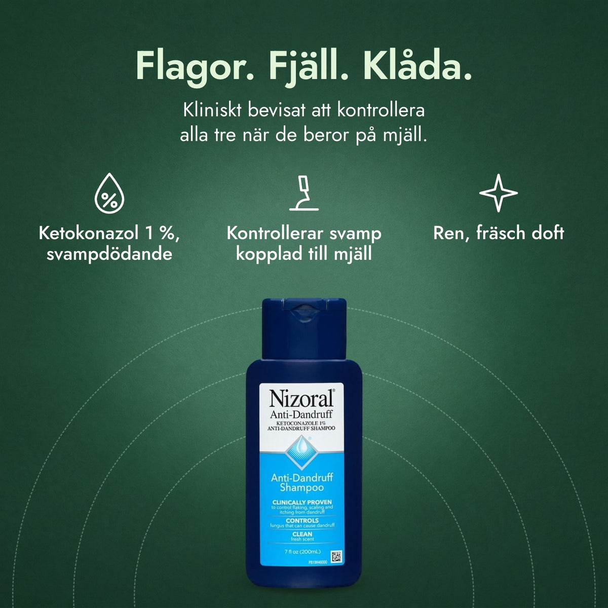 Nizoral mjällschampo, ketokonazol 1 %: Flagor. Fjäll. Klåda. Ketokonazol 1 %, svampdödande, Kontrollerar svamp kopplad till mjäll, Ren, fräsch doft