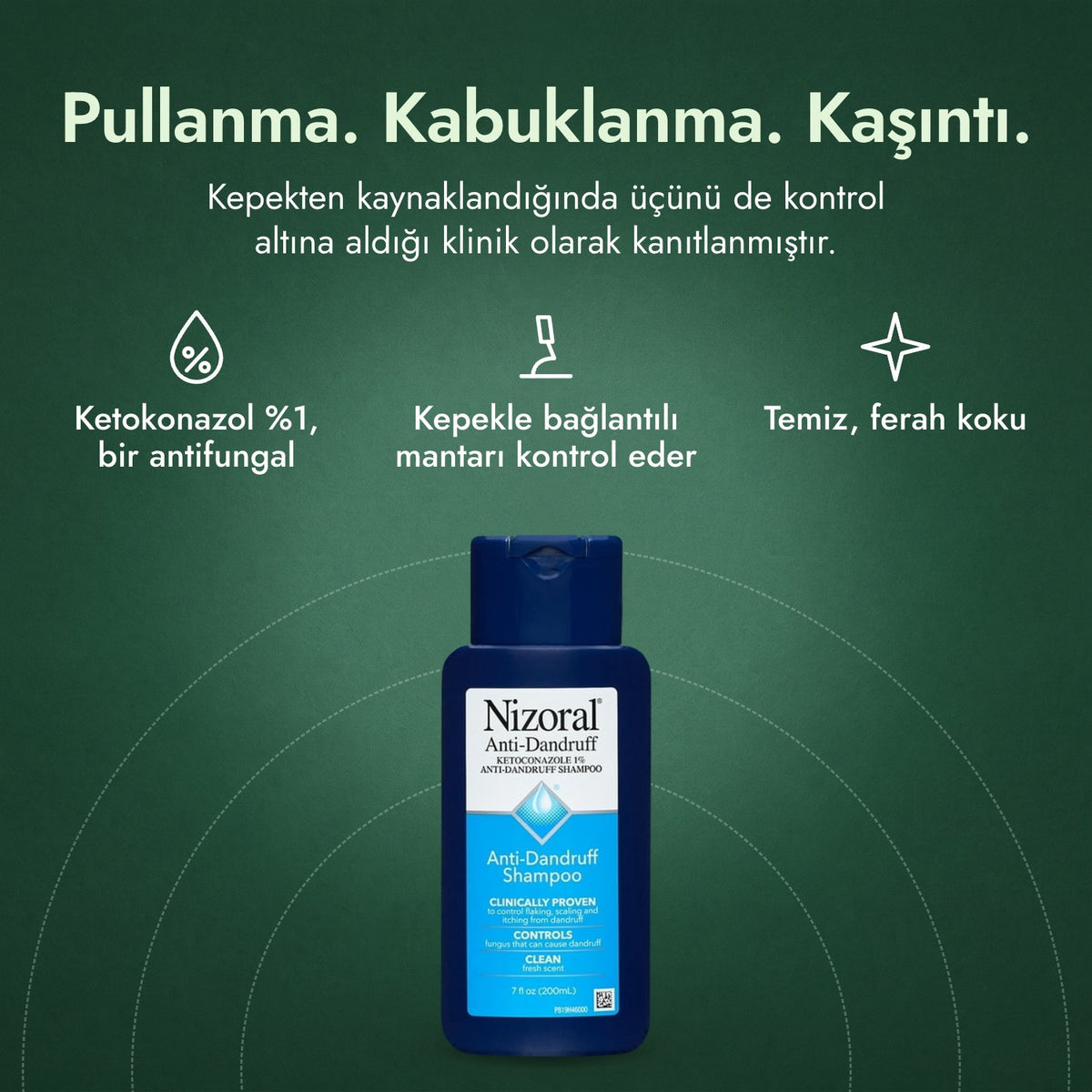 Nizoral kepek şampuanı, ketokonazol %1: Pullanma. Kabuklanma. Kaşıntı. Ketokonazol %1, bir antifungal, Kepekle bağlantılı mantarı kontrol eder, Temiz, ferah koku