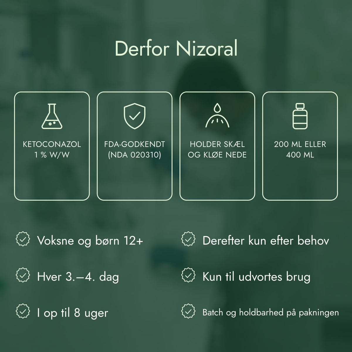 Derfor Nizoral: Ketoconazol 1 % w/w, FDA-godkendt (NDA 020310), Holder skæl og kløe nede, 200 ml eller 400 ml