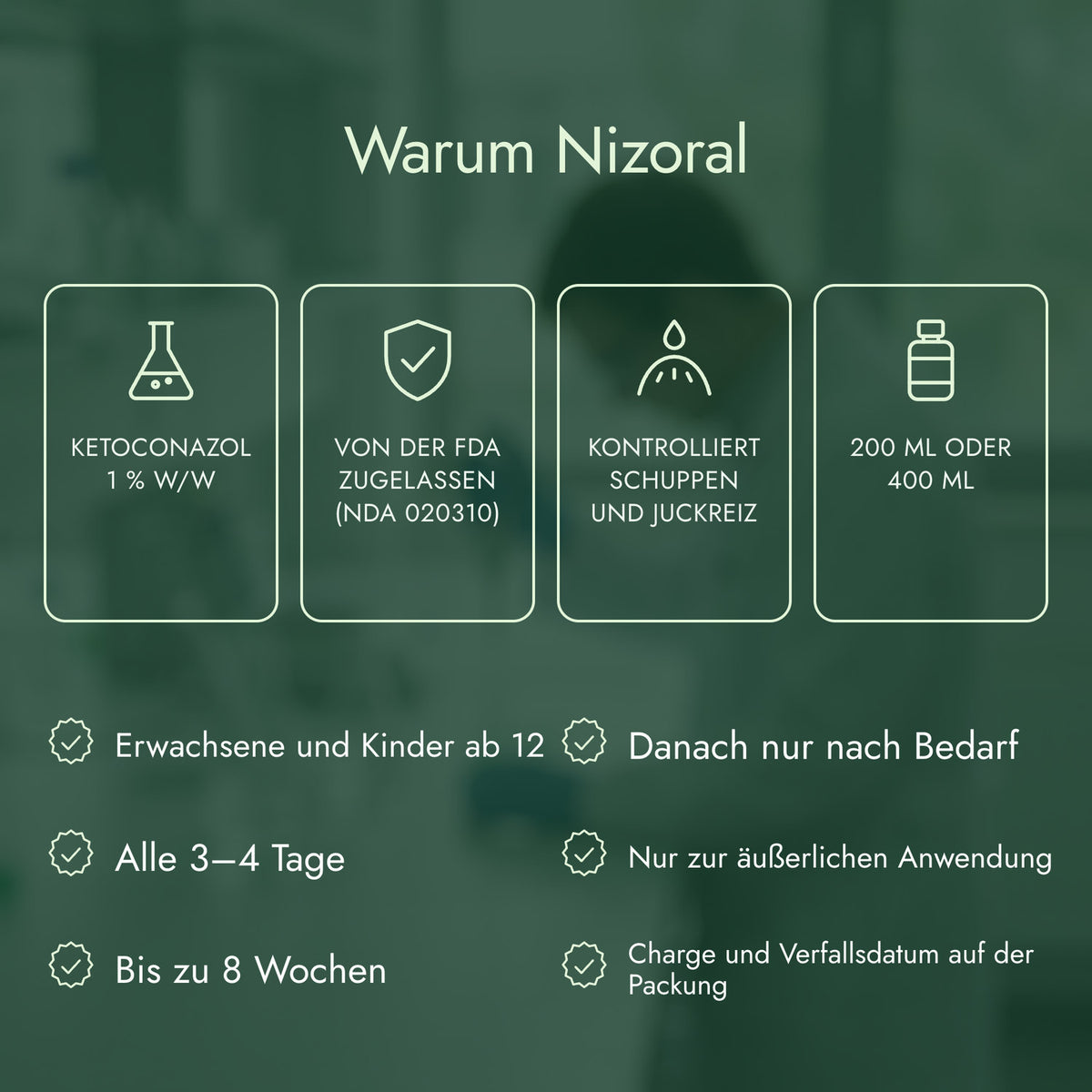 Warum Nizoral: Ketoconazol 1 % w/w, Von der FDA zugelassen (NDA 020310), Kontrolliert Schuppen und Juckreiz, 200 ml oder 400 ml