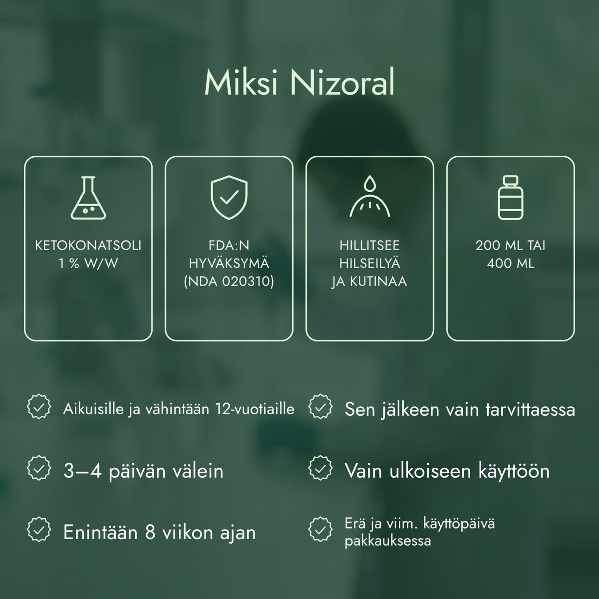 Miksi Nizoral: Ketokonatsoli 1 % w/w, FDA:n hyväksymä (NDA 020310), Hillitsee hilseilyä ja kutinaa, 200 ml tai 400 ml