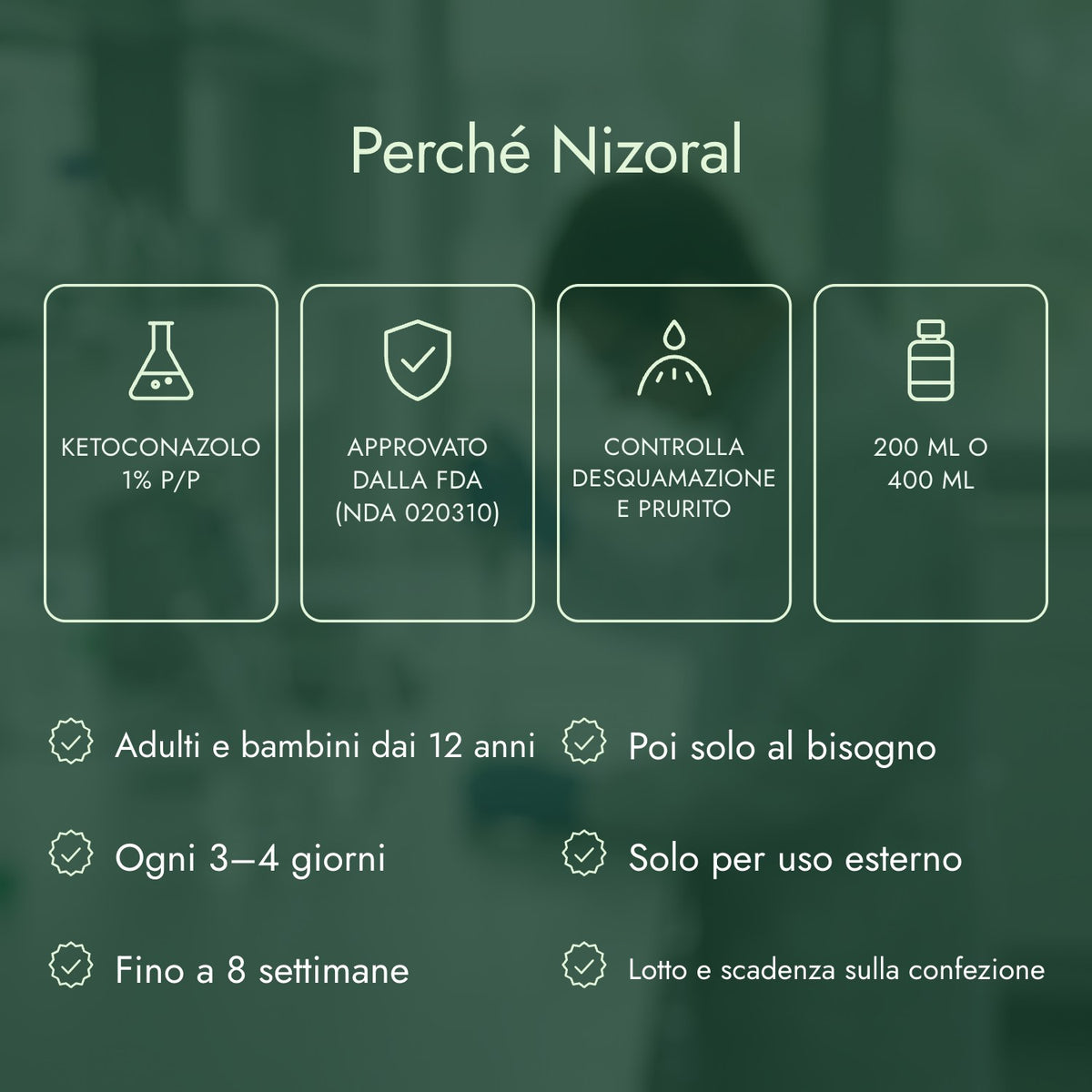 Perché Nizoral: Ketoconazolo 1% p/p, Approvato dalla FDA (NDA 020310), Controlla desquamazione e prurito, 200 ml o 400 ml
