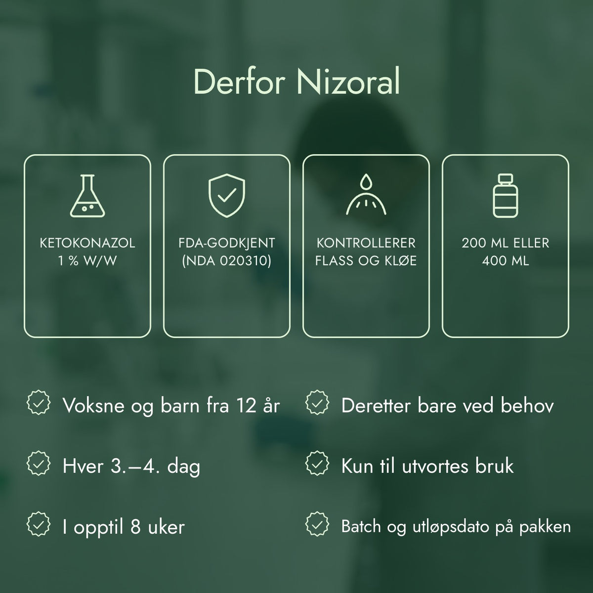 Derfor Nizoral: Ketokonazol 1 % w/w, FDA-godkjent (NDA 020310), Kontrollerer flass og kløe, 200 ml eller 400 ml