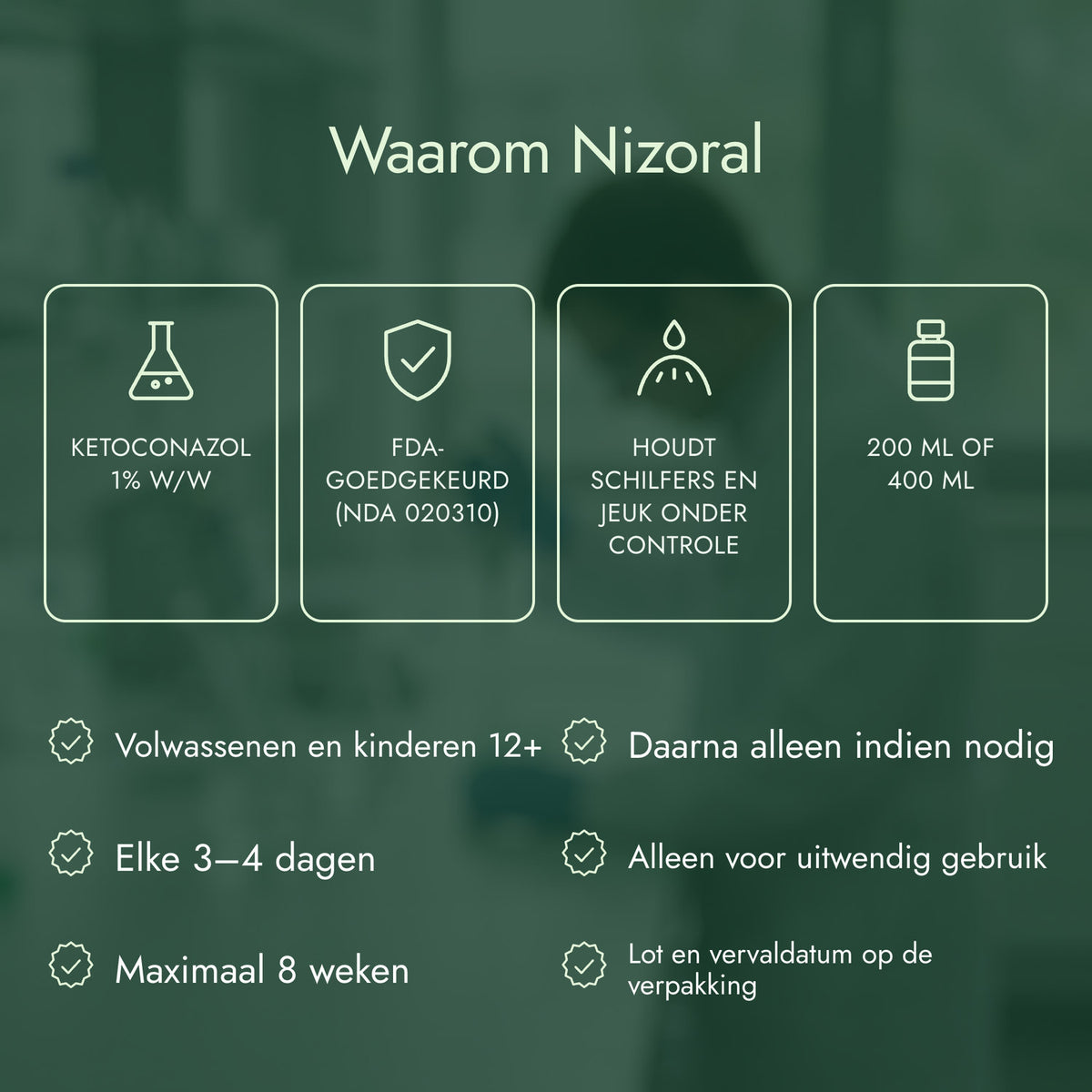 Waarom Nizoral: Ketoconazol 1% w/w, FDA-goedgekeurd (NDA 020310), Houdt schilfers en jeuk onder controle, 200 ml of 400 ml