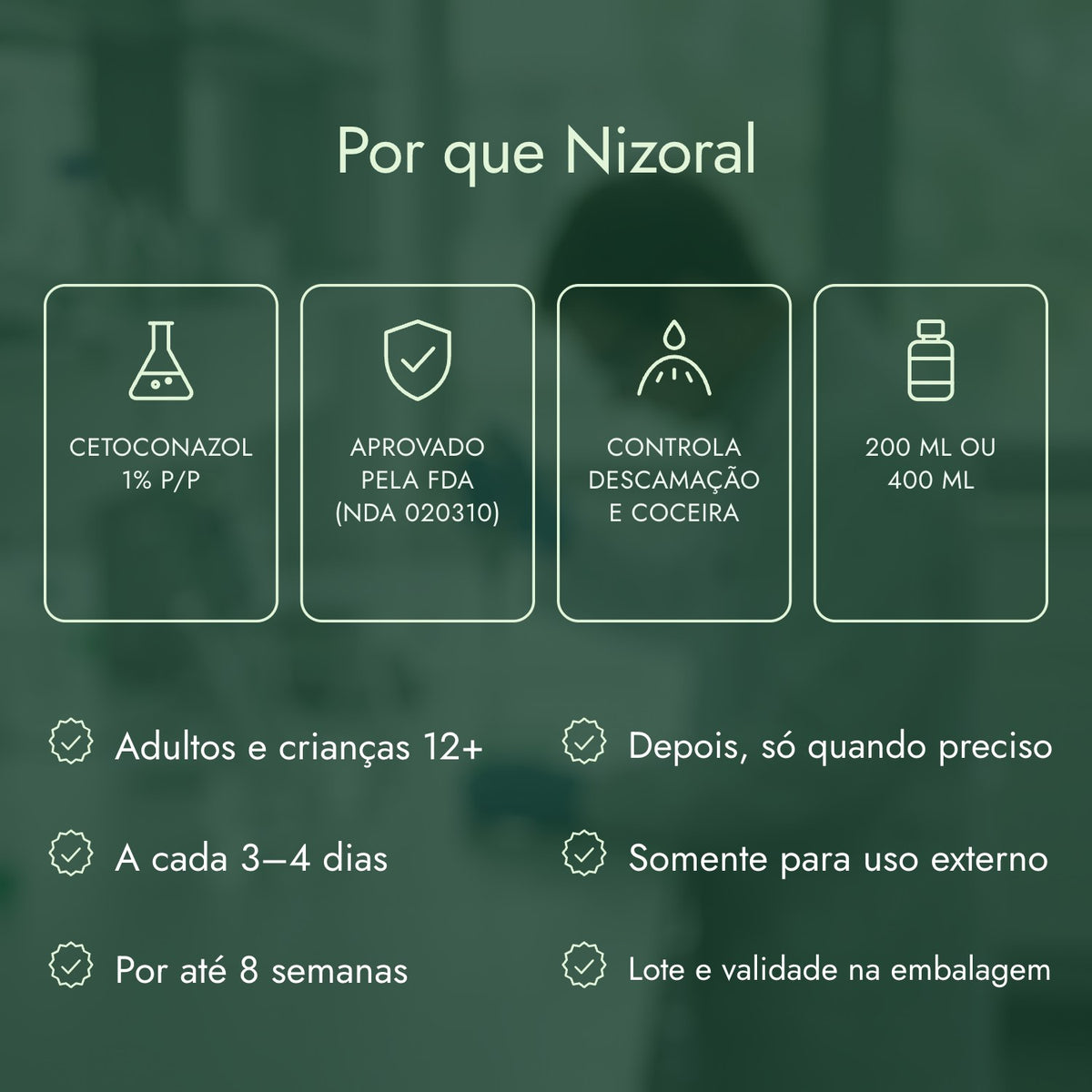 Por que Nizoral: Cetoconazol 1% p/p, Aprovado pela FDA (NDA 020310), Controla descamação e coceira, 200 ml ou 400 ml