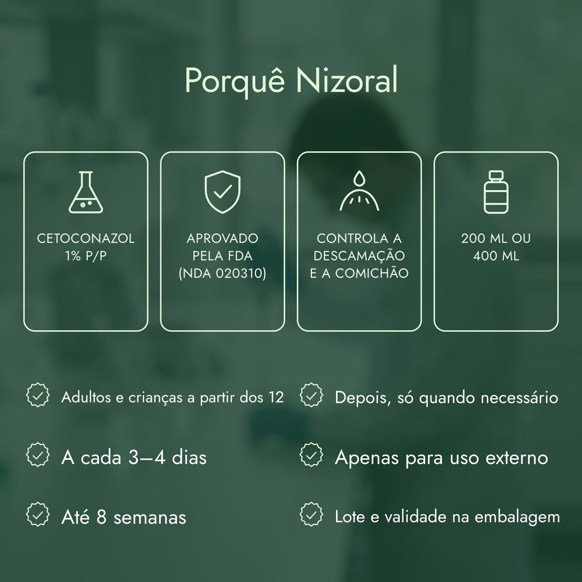 Porquê Nizoral: Cetoconazol 1% p/p, Aprovado pela FDA (NDA 020310), Controla a descamação e a comichão, 200 ml ou 400 ml