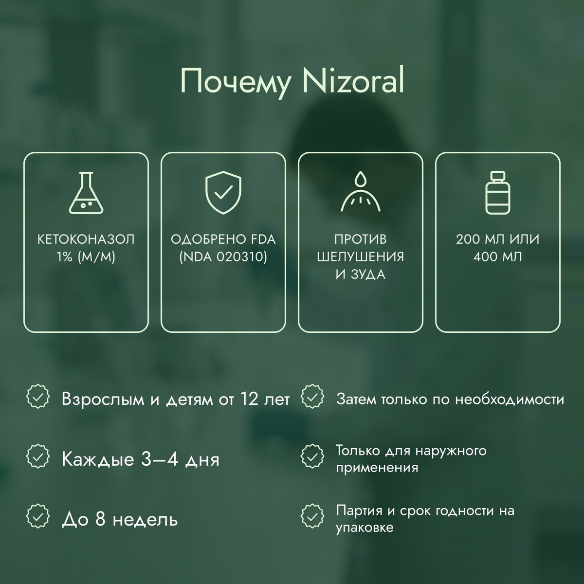 Почему Nizoral: Кетоконазол 1% (м/м), Одобрено FDA (NDA 020310), Против шелушения и зуда, 200 мл или 400 мл