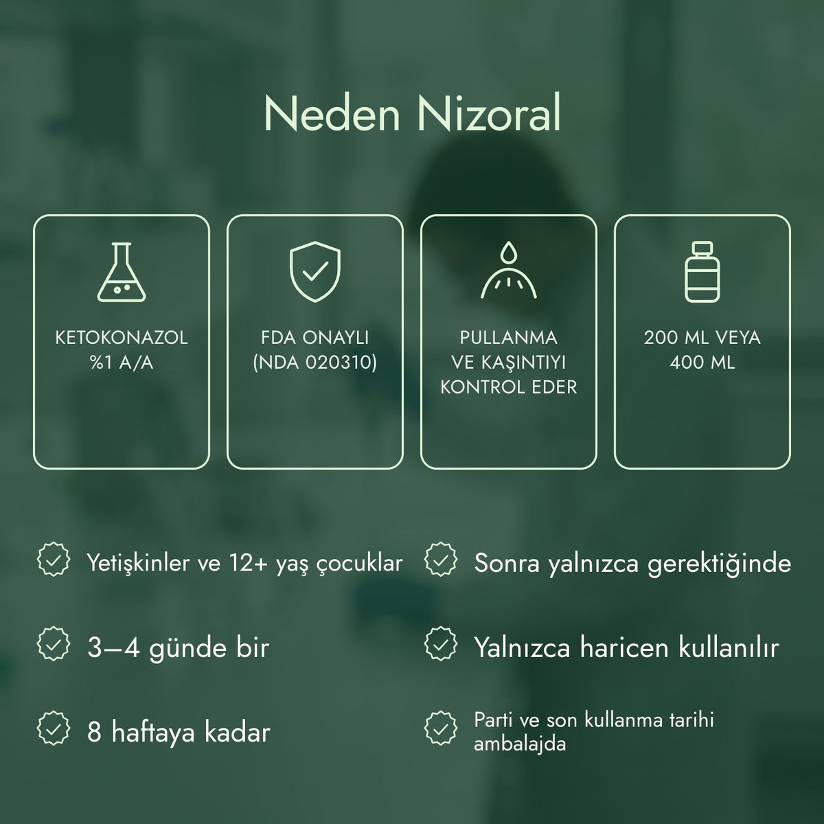 Neden Nizoral: Ketokonazol %1 a/a, FDA onaylı (NDA 020310), Pullanma ve kaşıntıyı kontrol eder, 200 ml veya 400 ml