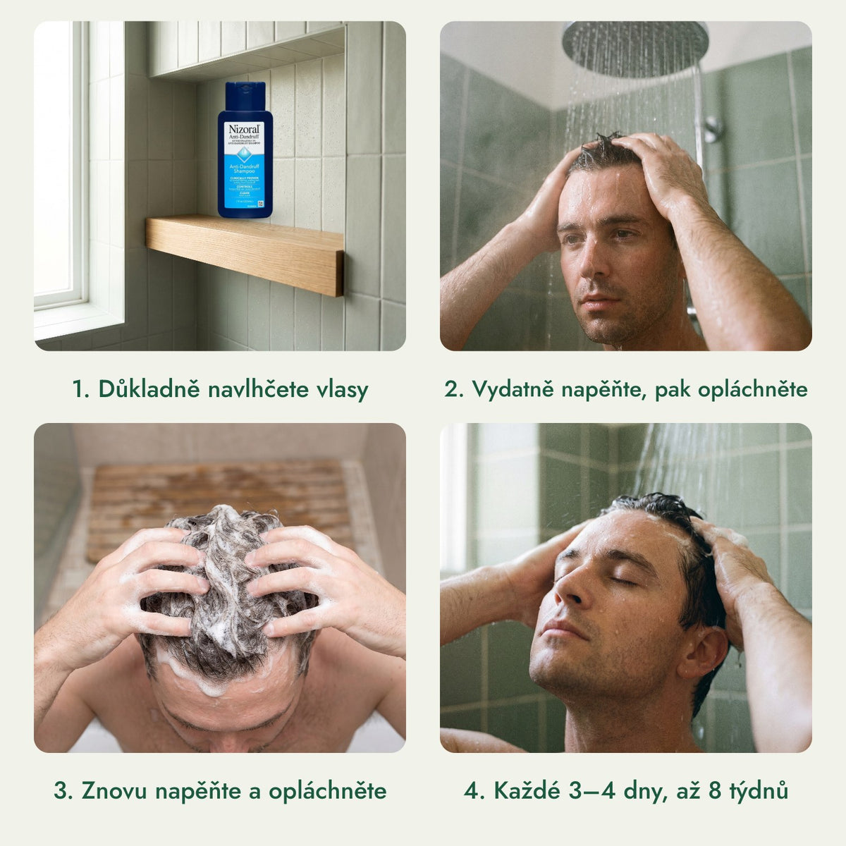 Nizoral šampon proti lupům, ketokonazol 1 %: Důkladně navlhčete vlasy, Vydatně napěňte, pak opláchněte, Znovu napěňte a opláchněte, Každé 3–4 dny, až 8 týdnů