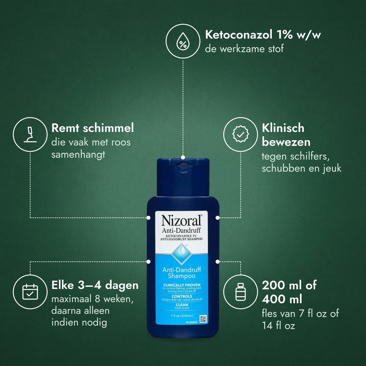 Nizoral anti-roosshampoo, ketoconazol 1%: Ketoconazol 1% w/w, Remt schimmel, Klinisch bewezen, Elke 3–4 dagen, 200 ml of 400 ml