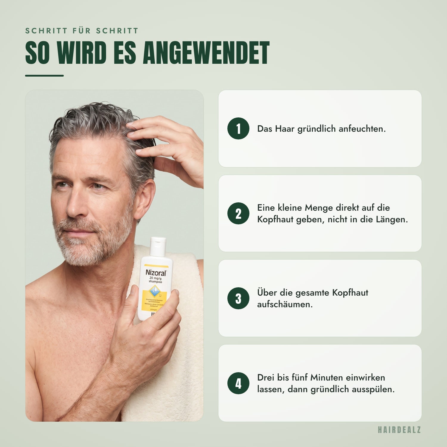 So wird Nizoral 2% 100 ml angewendet, Schritt für Schritt