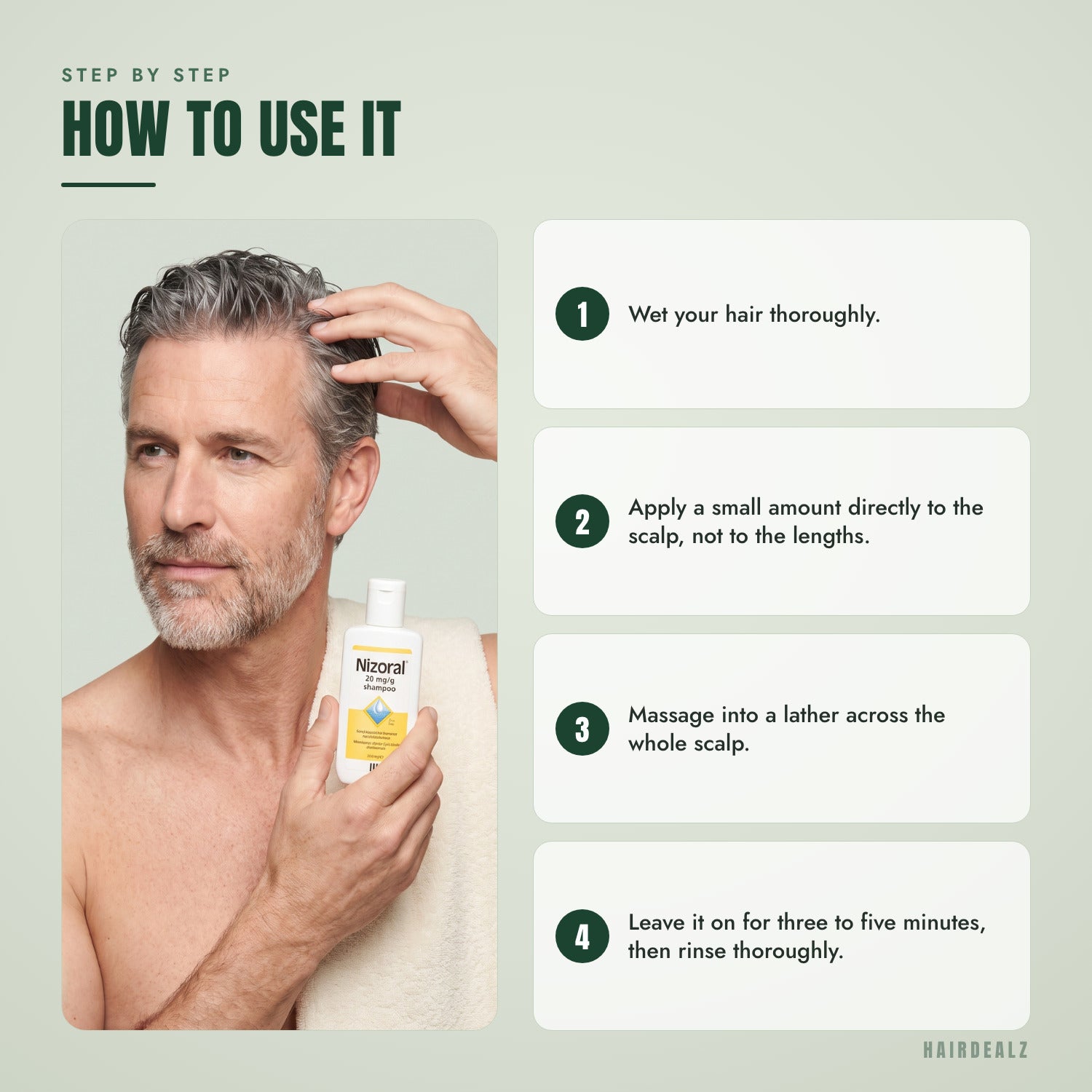 How to use Nizoral 2% 100 ml, step by step