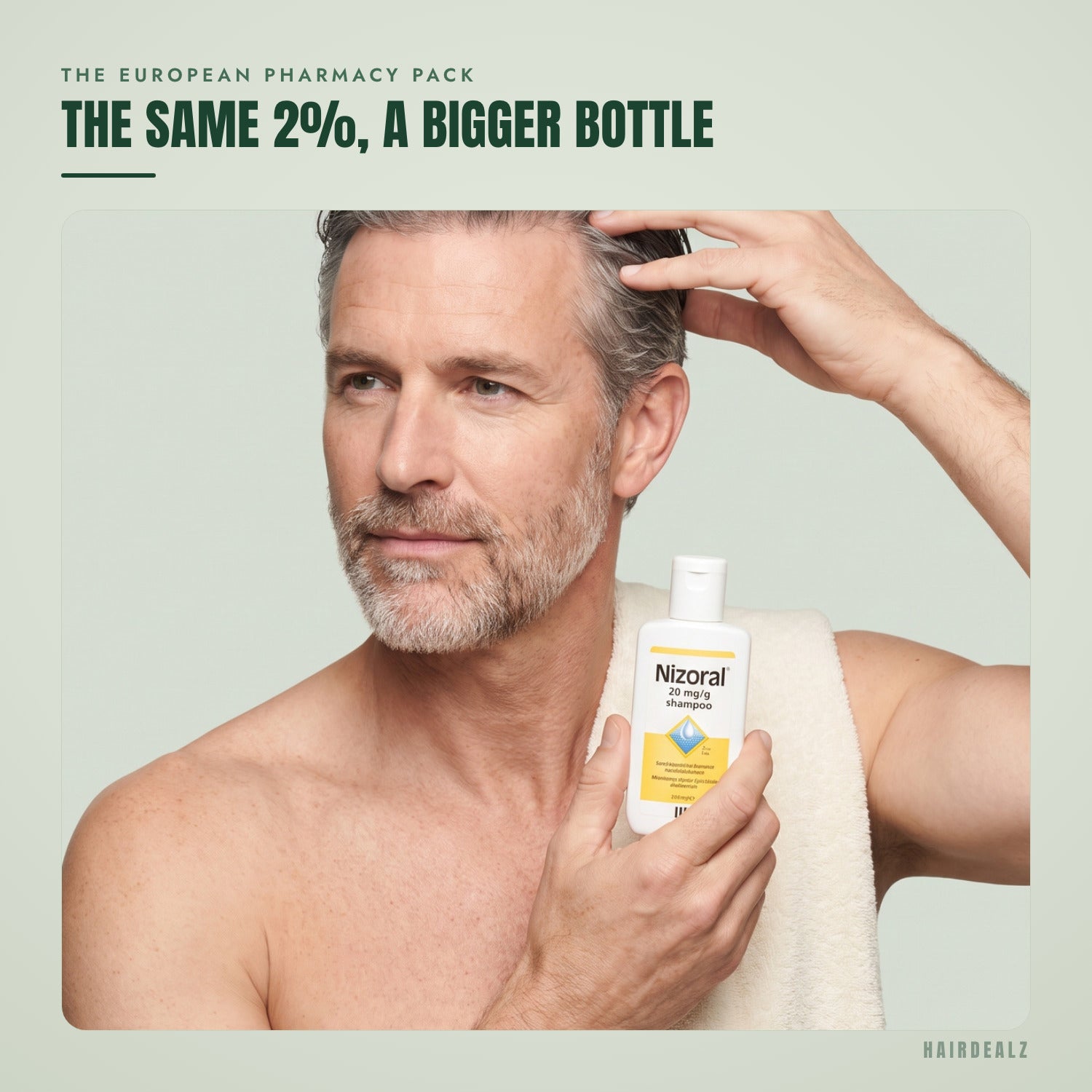Nizoral 2% 100 ml in use against a green background