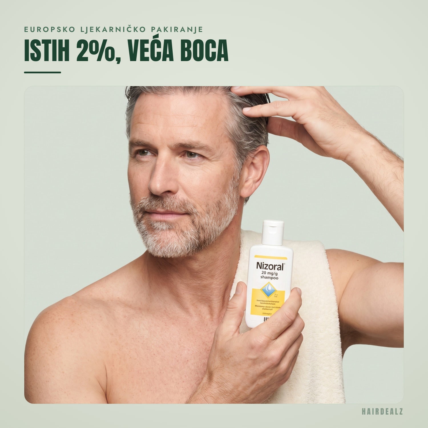 Nizoral 2% 100 ml u primjeni na zelenoj pozadini