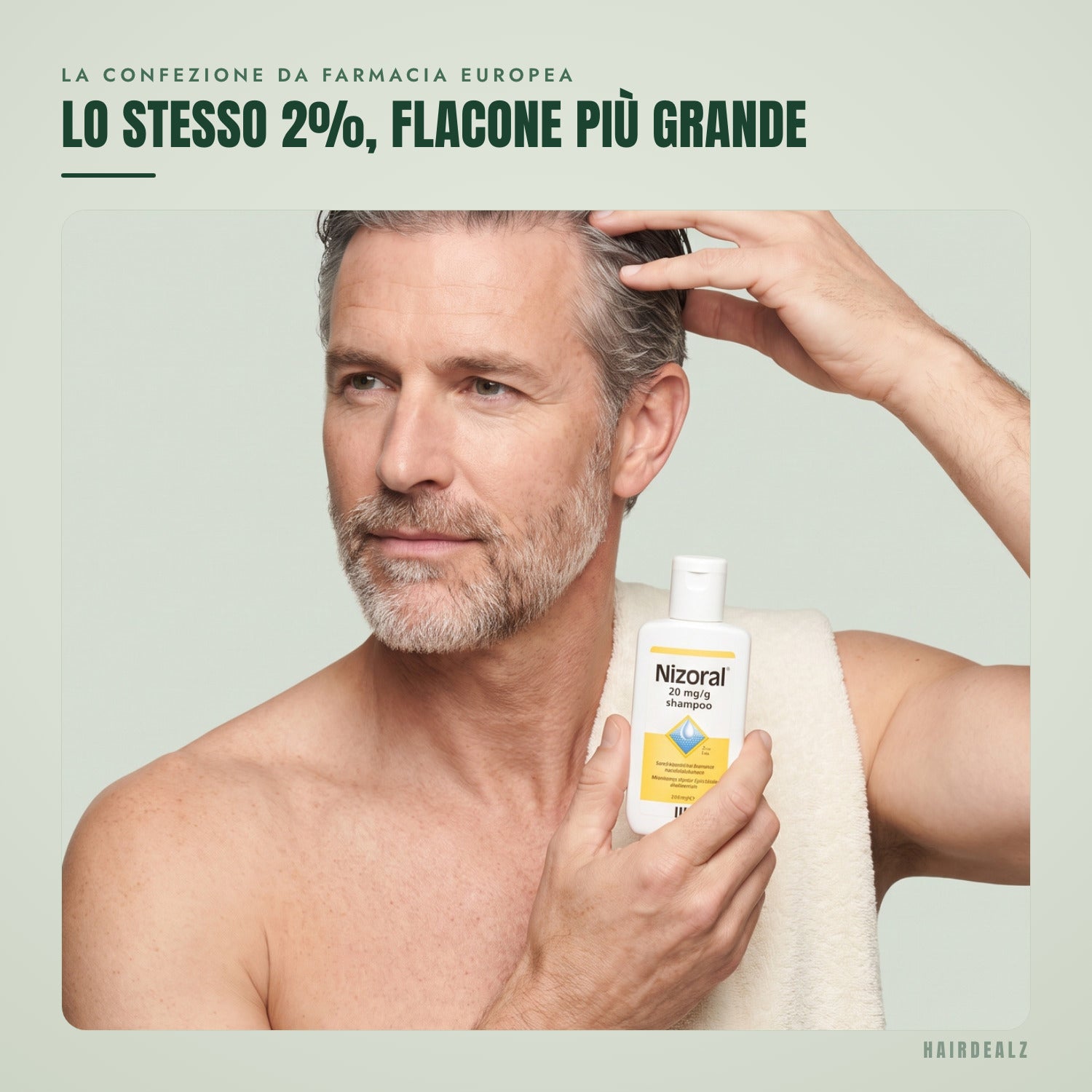 Nizoral 2% 100 ml in uso su sfondo verde