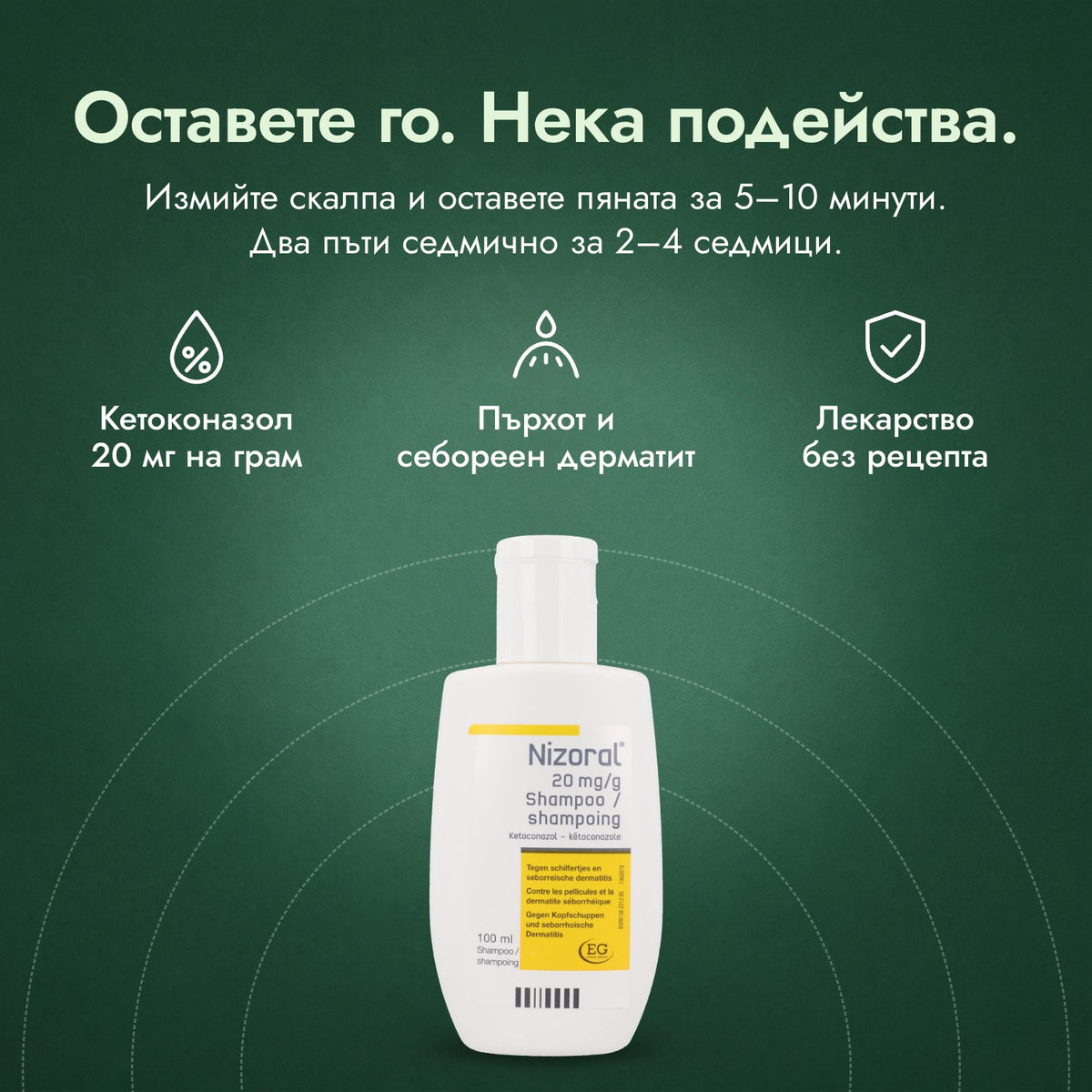 Шампоан Nizoral 20 мг/г: Оставете го. Нека подейства. Кетоконазол 20 мг на грам, Пърхот и себореен дерматит, Лекарство без рецепта