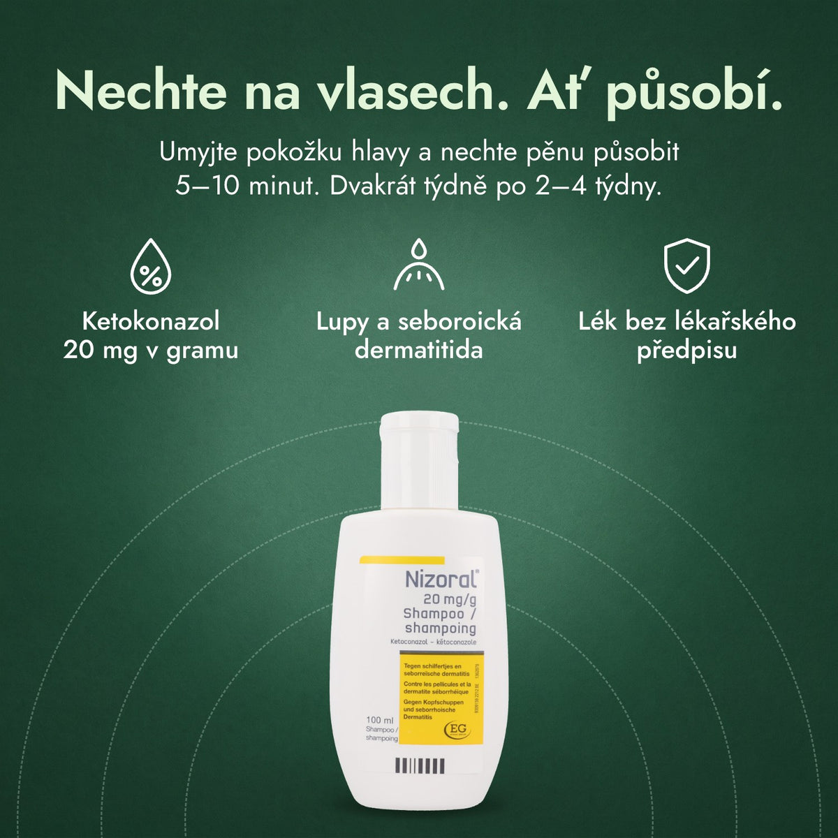 Nizoral 20 mg/g šampon: Nechte na vlasech. Ať působí. Ketokonazol 20 mg v gramu, Lupy a seboroická dermatitida, Lék bez lékařského předpisu