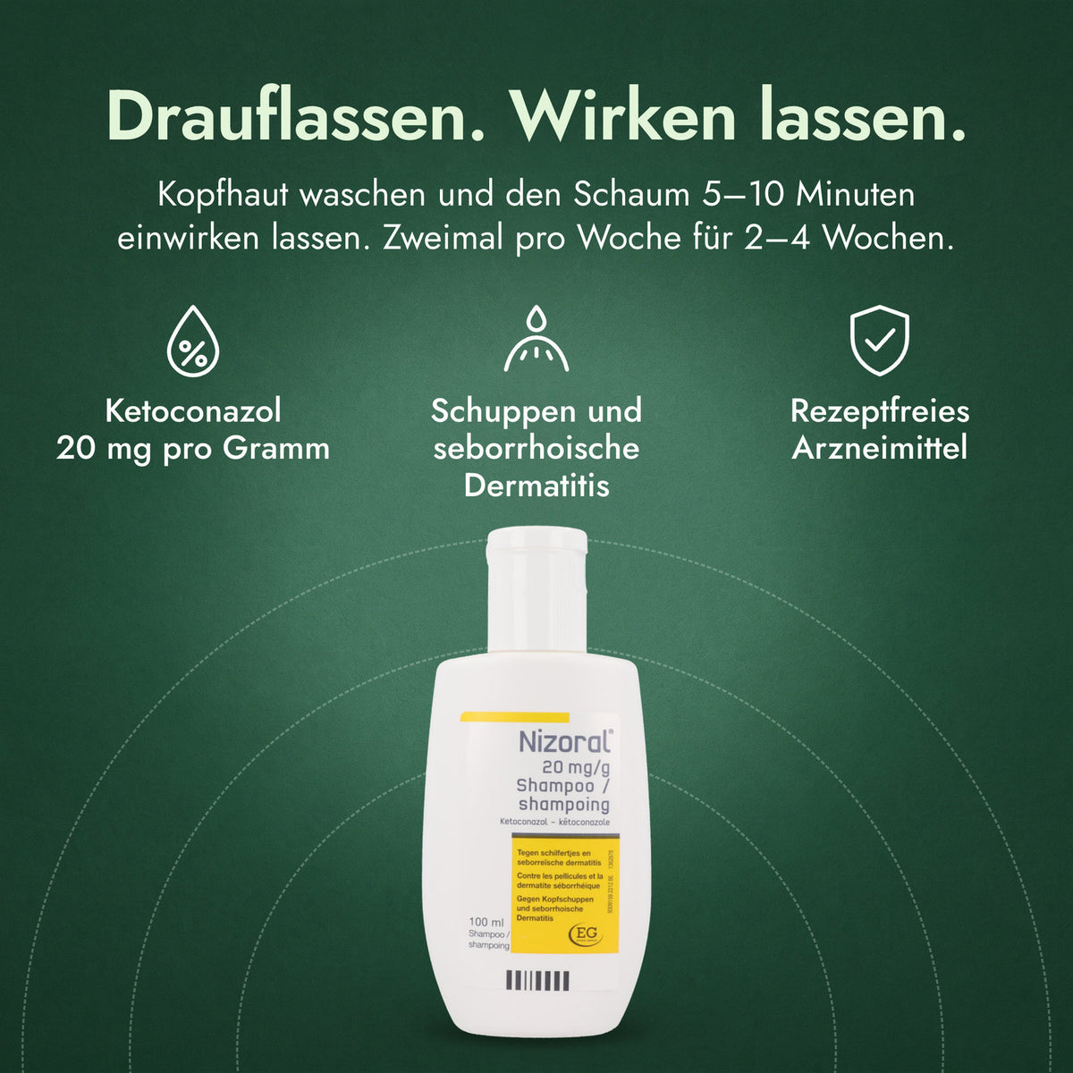 Nizoral 20 mg/g Shampoo: Drauflassen. Wirken lassen. Ketoconazol 20 mg pro Gramm, Schuppen und seborrhoische Dermatitis, Rezeptfreies Arzneimittel