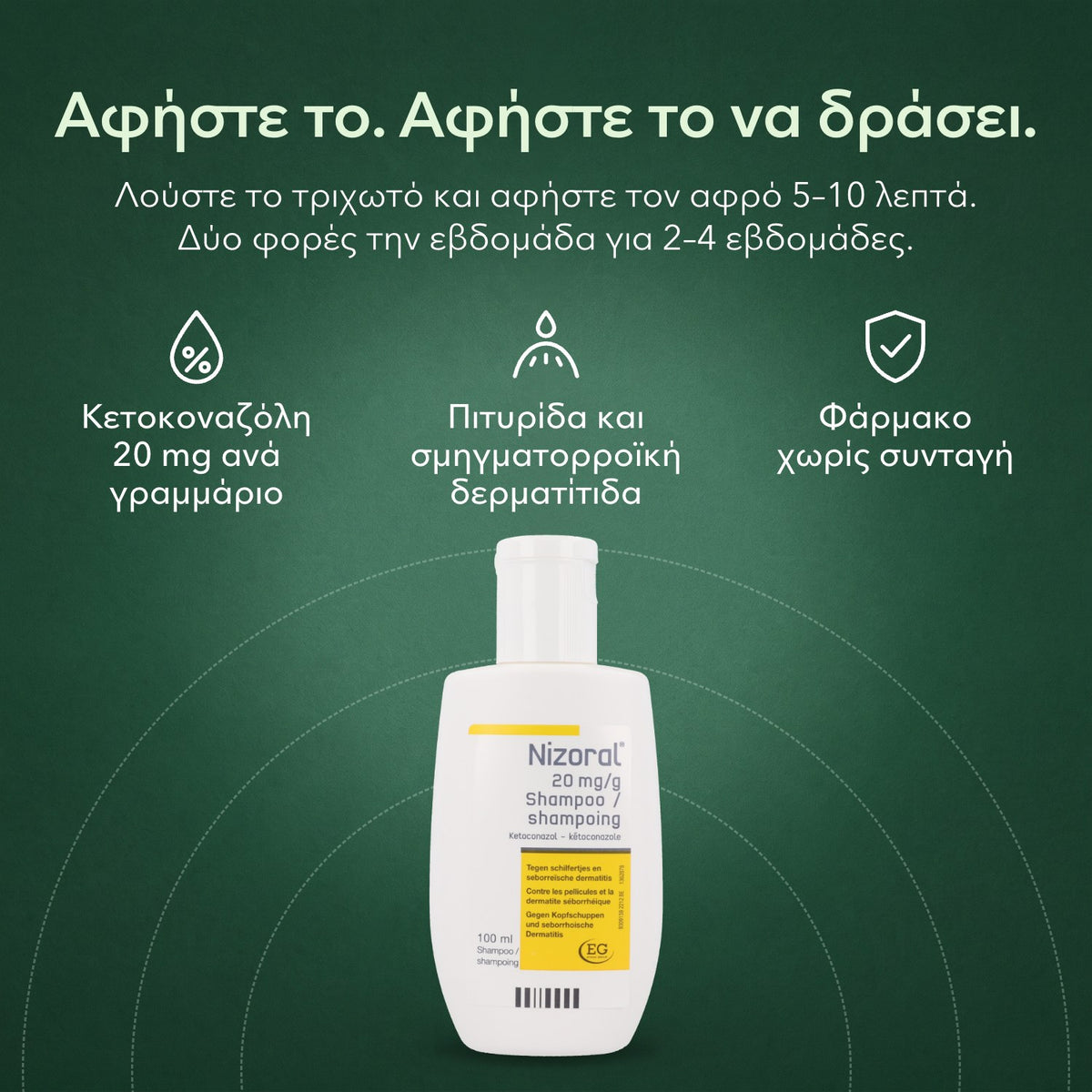 Nizoral 20 mg/g σαμπουάν: Αφήστε το. Αφήστε το να δράσει. Κετοκοναζόλη 20 mg ανά γραμμάριο, Πιτυρίδα και σμηγματορροϊκή δερματίτιδα, Φάρμακο χωρίς συνταγή