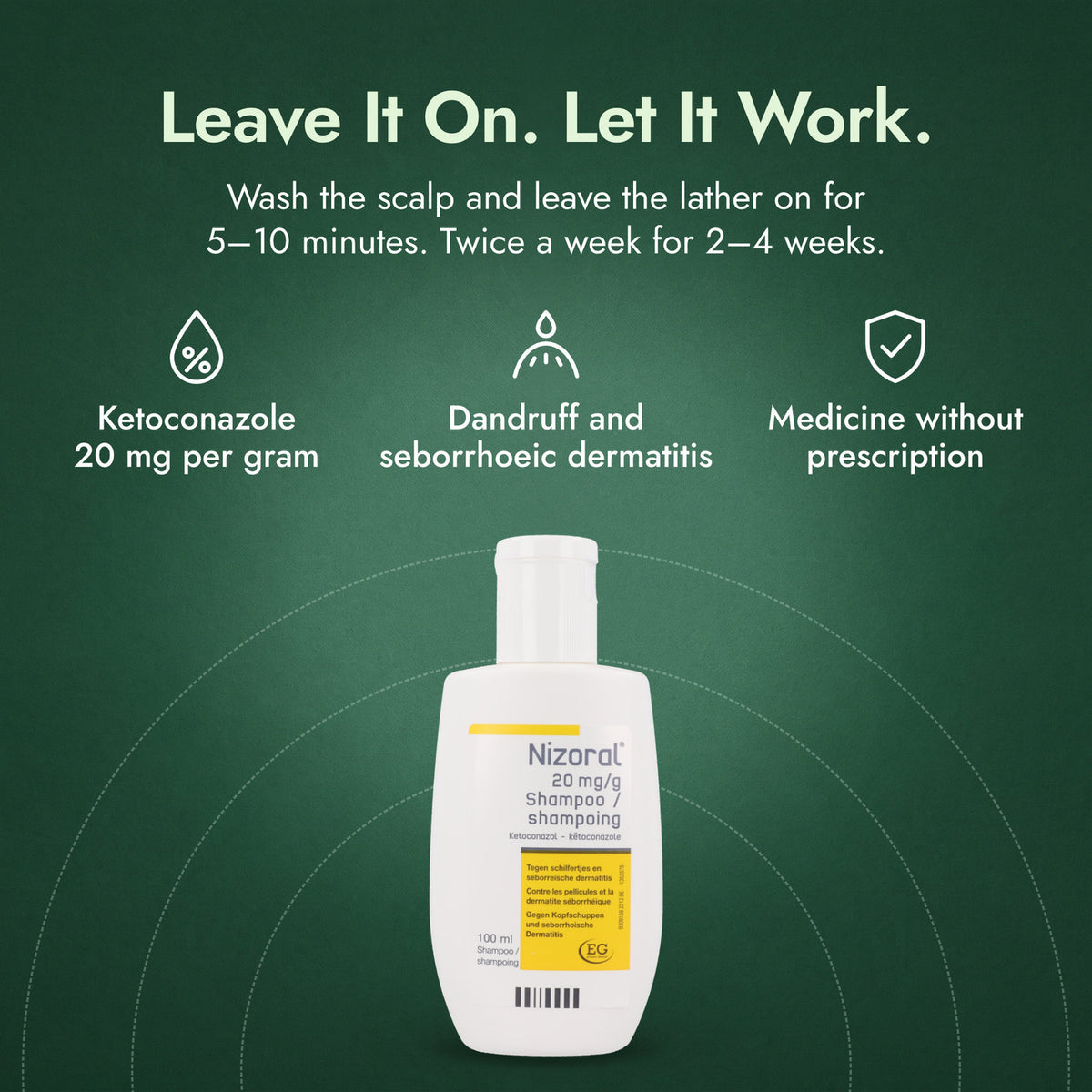 Nizoral 20 mg/g Shampoo: Leave It On. Let It Work. Ketoconazole 20 mg per gram, Dandruff and seborrhoeic dermatitis, Medicine without prescription