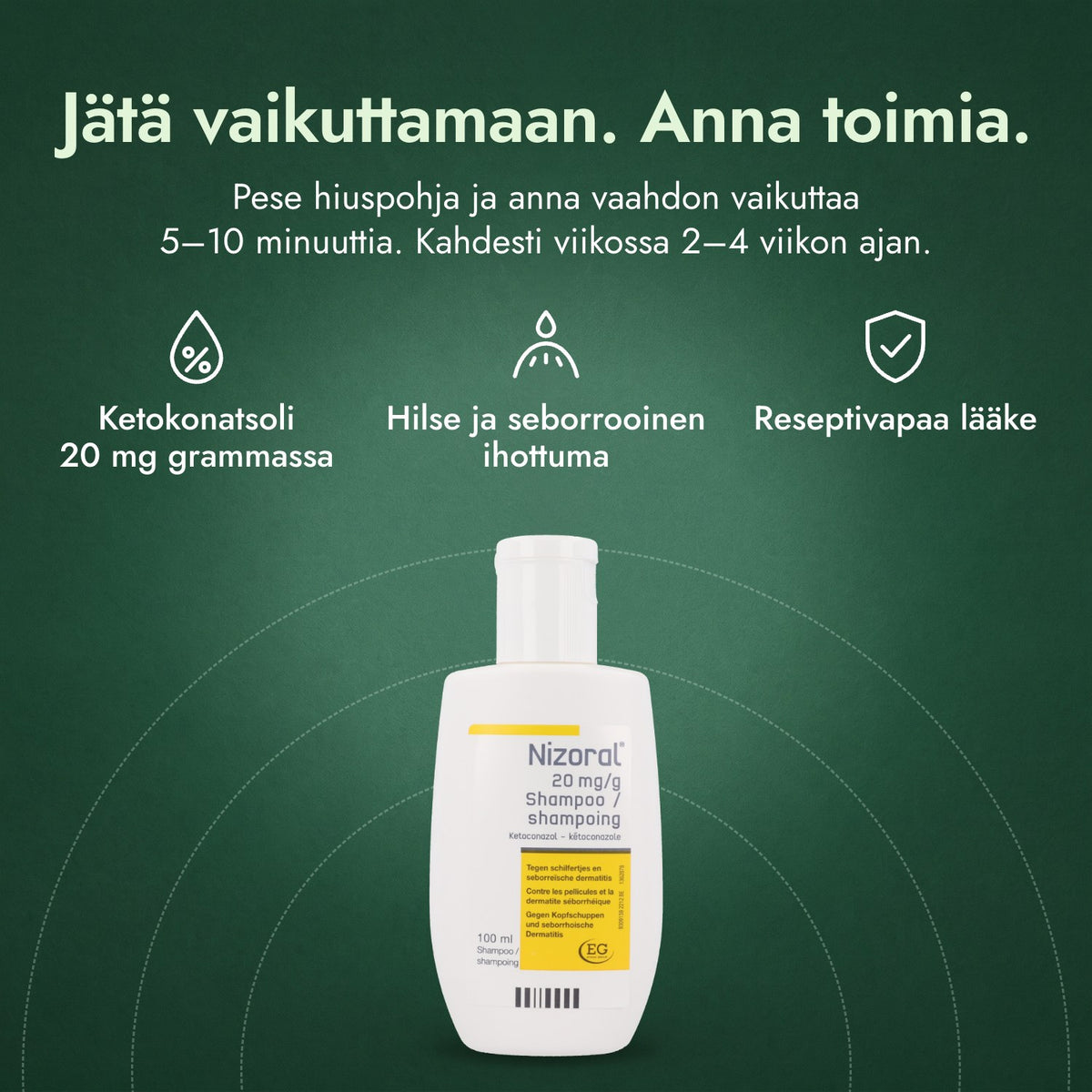 Nizoral 20 mg/g -shampoo: Jätä vaikuttamaan. Anna toimia. Ketokonatsoli 20 mg grammassa, Hilse ja seborrooinen ihottuma, Reseptivapaa lääke