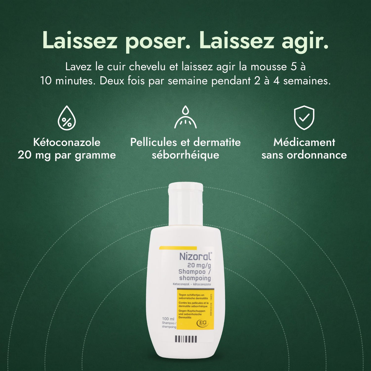 Nizoral 20 mg/g shampooing: Laissez poser. Laissez agir. Kétoconazole 20 mg par gramme, Pellicules et dermatite séborrhéique, Médicament sans ordonnance