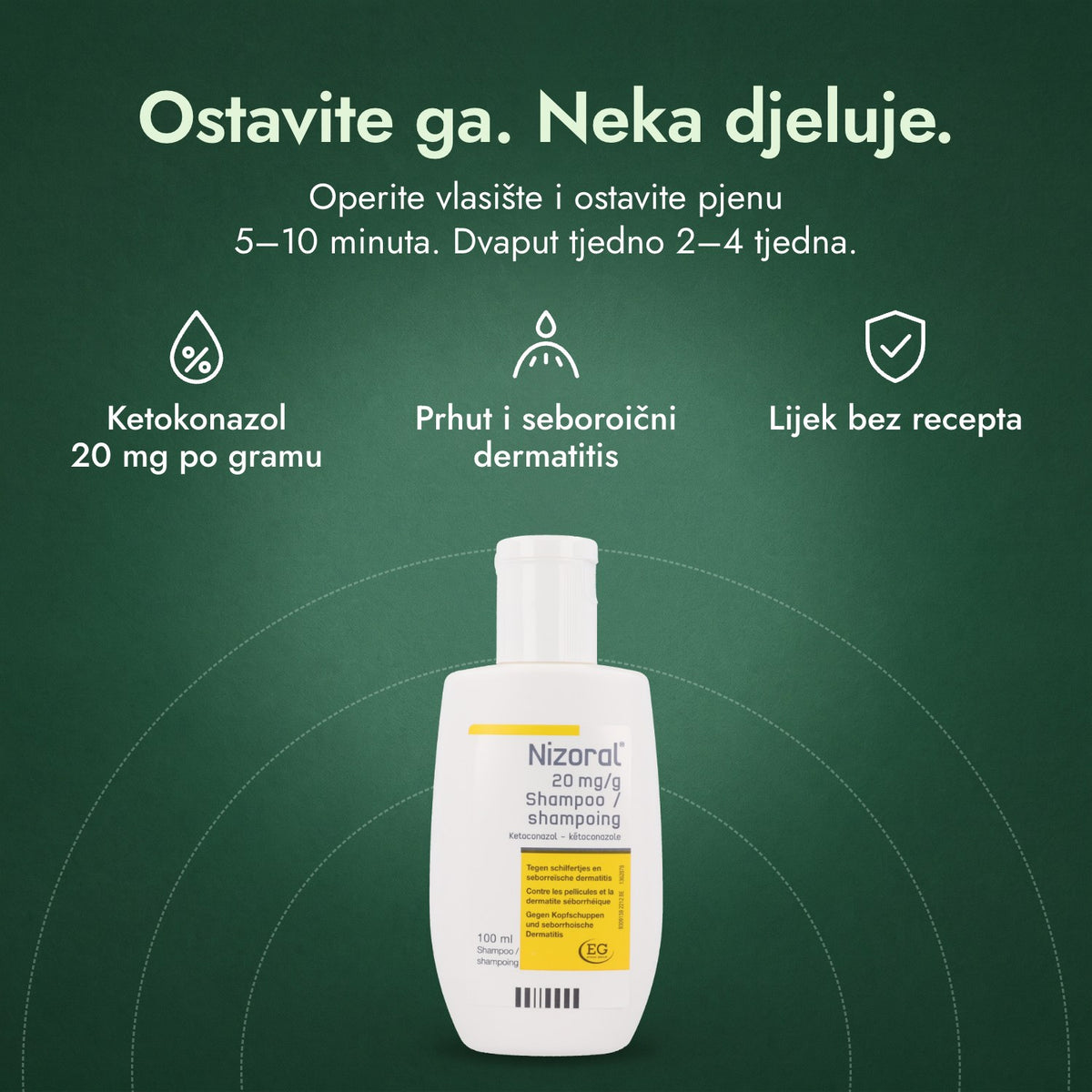 Nizoral 20 mg/g šampon: Ostavite ga. Neka djeluje. Ketokonazol 20 mg po gramu, Prhut i seboroični dermatitis, Lijek bez recepta