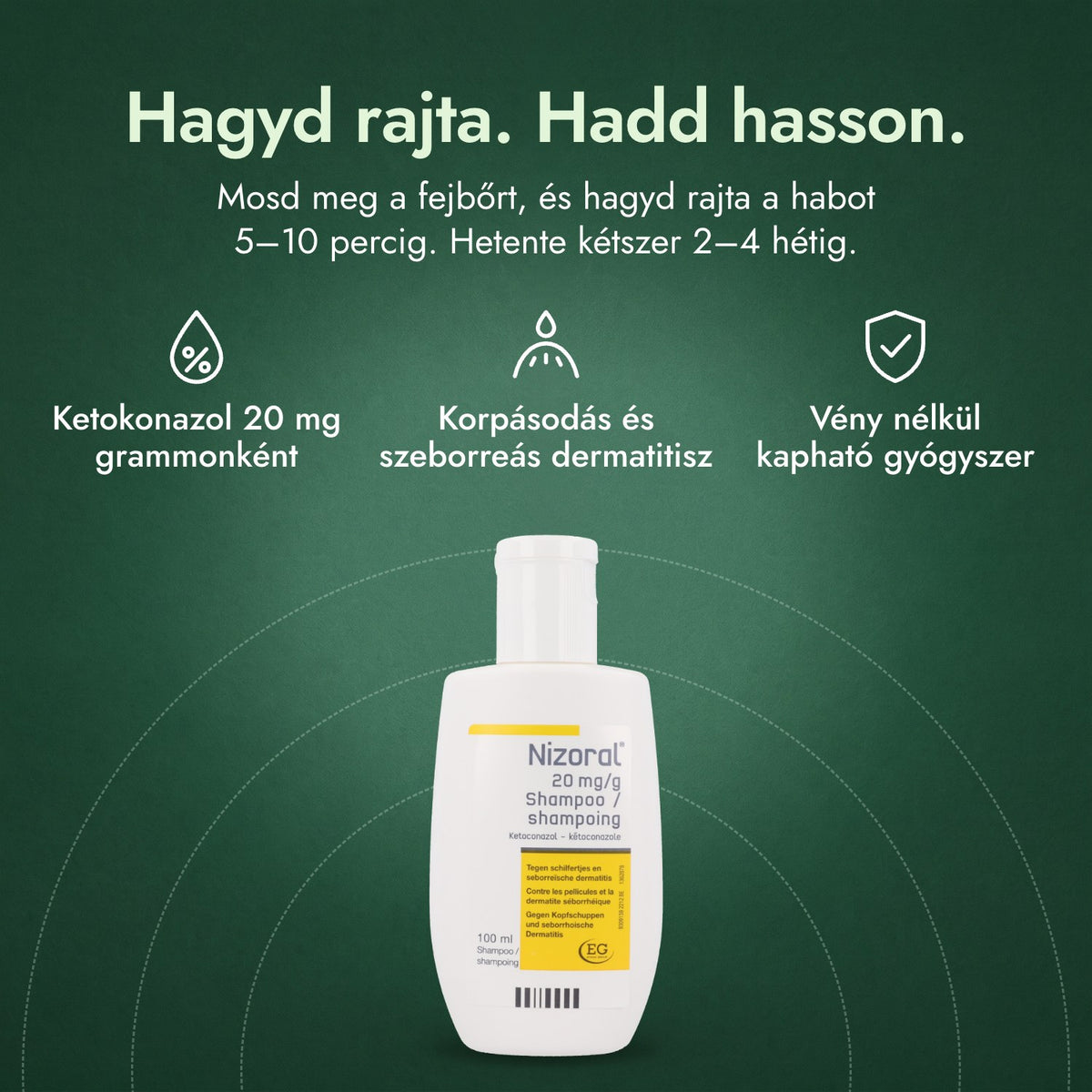 Nizoral 20 mg/g sampon: Hagyd rajta. Hadd hasson. Ketokonazol 20 mg grammonként, Korpásodás és szeborreás dermatitisz, Vény nélkül kapható gyógyszer