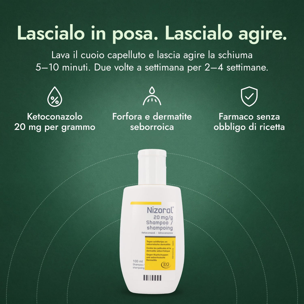 Nizoral 20 mg/g Shampoo: Lascialo in posa. Lascialo agire. Ketoconazolo 20 mg per grammo, Forfora e dermatite seborroica, Farmaco senza obbligo di ricetta