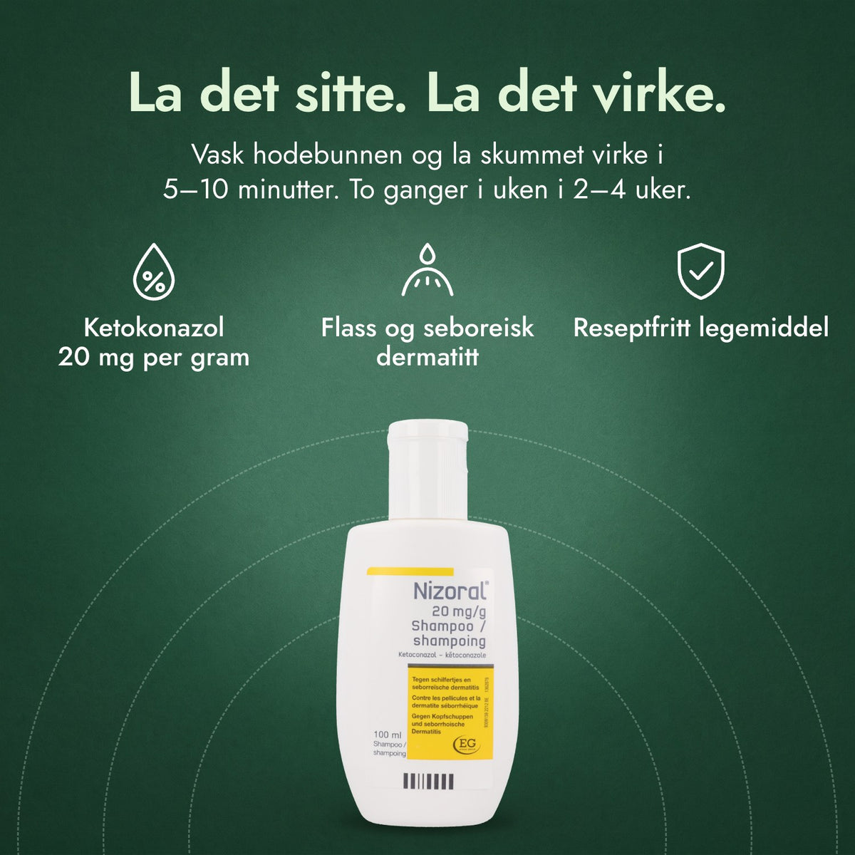 Nizoral 20 mg/g sjampo: La det sitte. La det virke. Ketokonazol 20 mg per gram, Flass og seboreisk dermatitt, Reseptfritt legemiddel