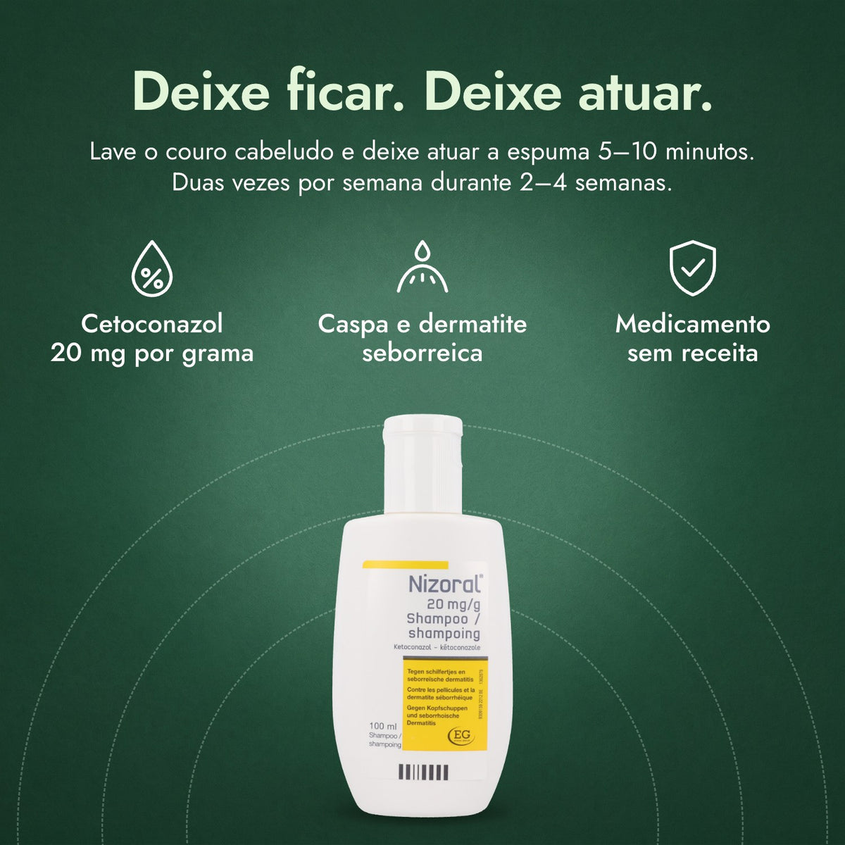 Nizoral 20 mg/g Champô: Deixe ficar. Deixe atuar. Cetoconazol 20 mg por grama, Caspa e dermatite seborreica, Medicamento sem receita